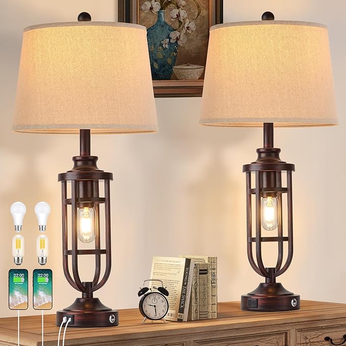 Farmhouse Table Lamps Set of 2 with USB Ports, 28" Bedside Lamps with Bulbs