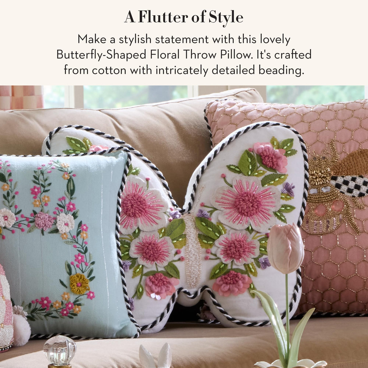 MACKENZIE-CHILDS Throw Pillow, 15x19, Butterfly-Shaped Floral