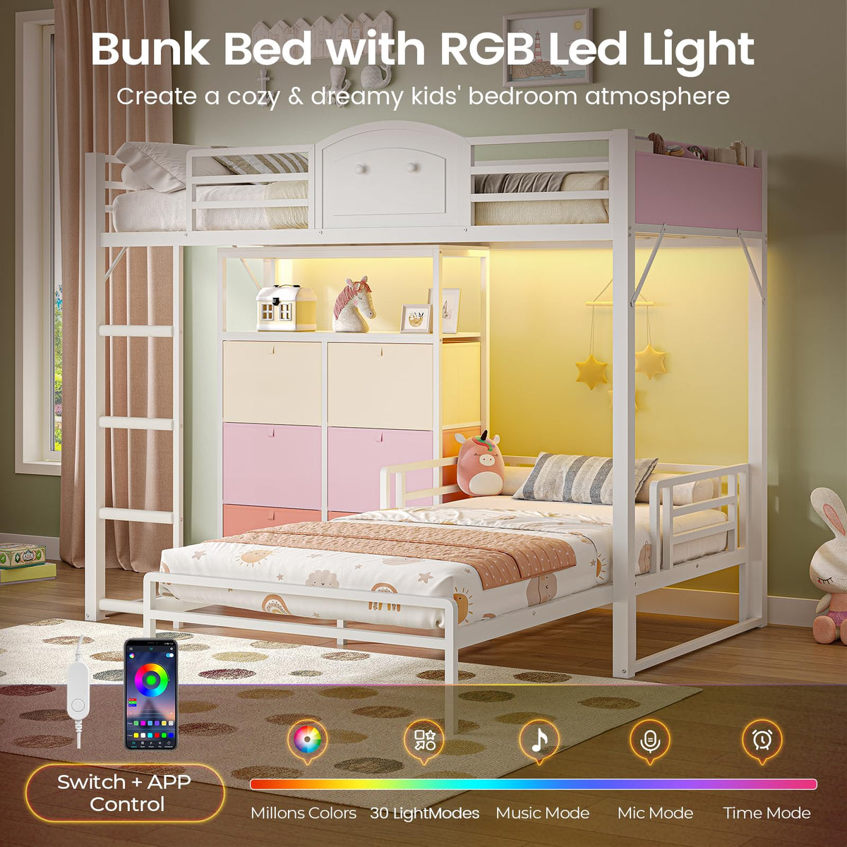 AOGLLATI Bunk Bed Twin Over Twin with 6 Storage Drawers for Kids Teens,Metal Led Loft Bed with Bedside Storage,Safety Guardrails for Small Space, No Box Spring Needed,White