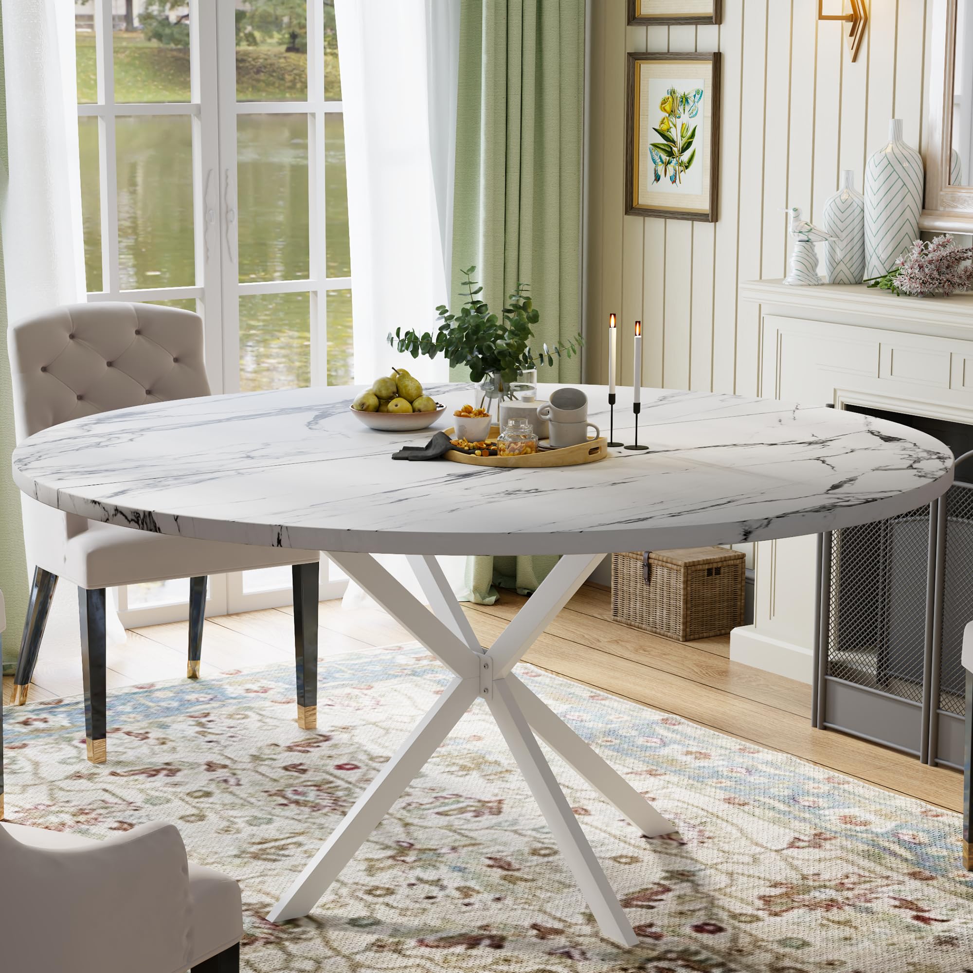 RLRO 47.24" Round Dining Table for 4-6 Person, Round Kitchen Table with Wood Top, Circle Dinner Pedestal Tables with Metal Legs for Dining Room Kitchen (White Marble)