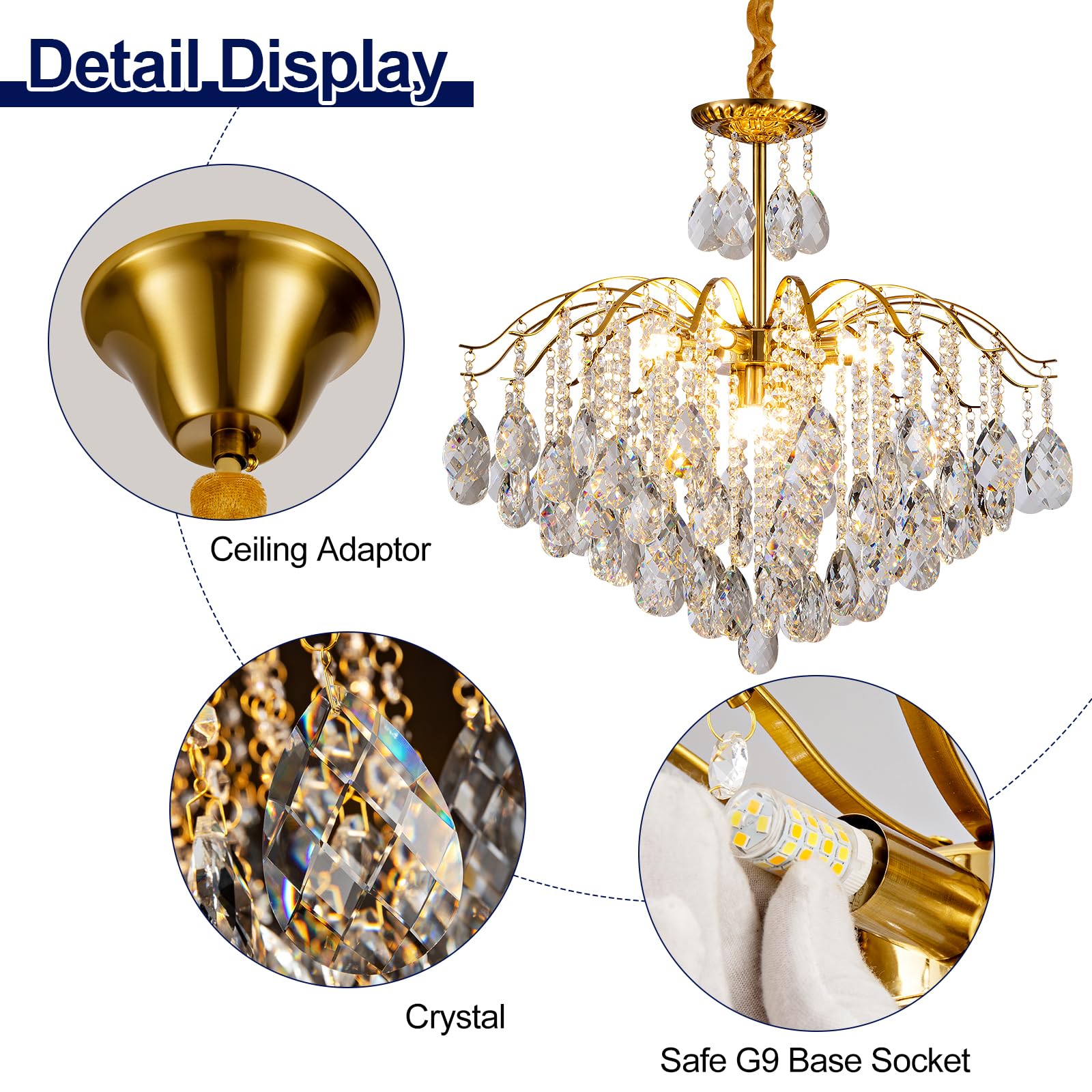 KKQiYuloom 12-Light Modern Gold Pendant Chandelier Crystal Middle Century Dining Room Raindrop Lighting Ceiling Light Fixture Lamp for Bath Room Bed Room Living Room Required D26inxH22.4in