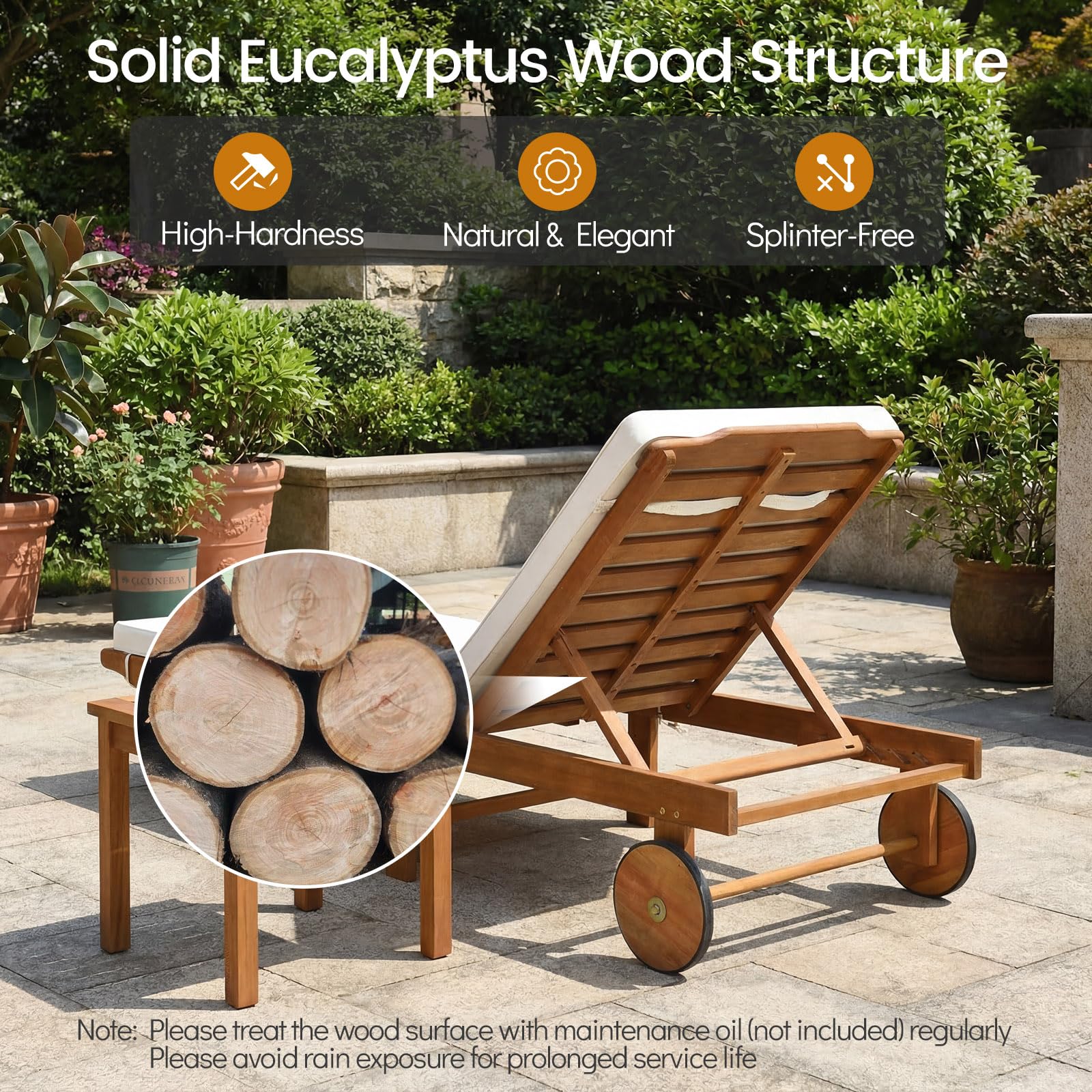Tangkula Folding Lounge Chair Outdoor, Patio Eucalyptus Wood Chaise Lounge with 5-Level Adjustable Backrest & Cushions, Portable Beach Pool Sunbathing Recliner with Wheels for Outside (1,Off White)
