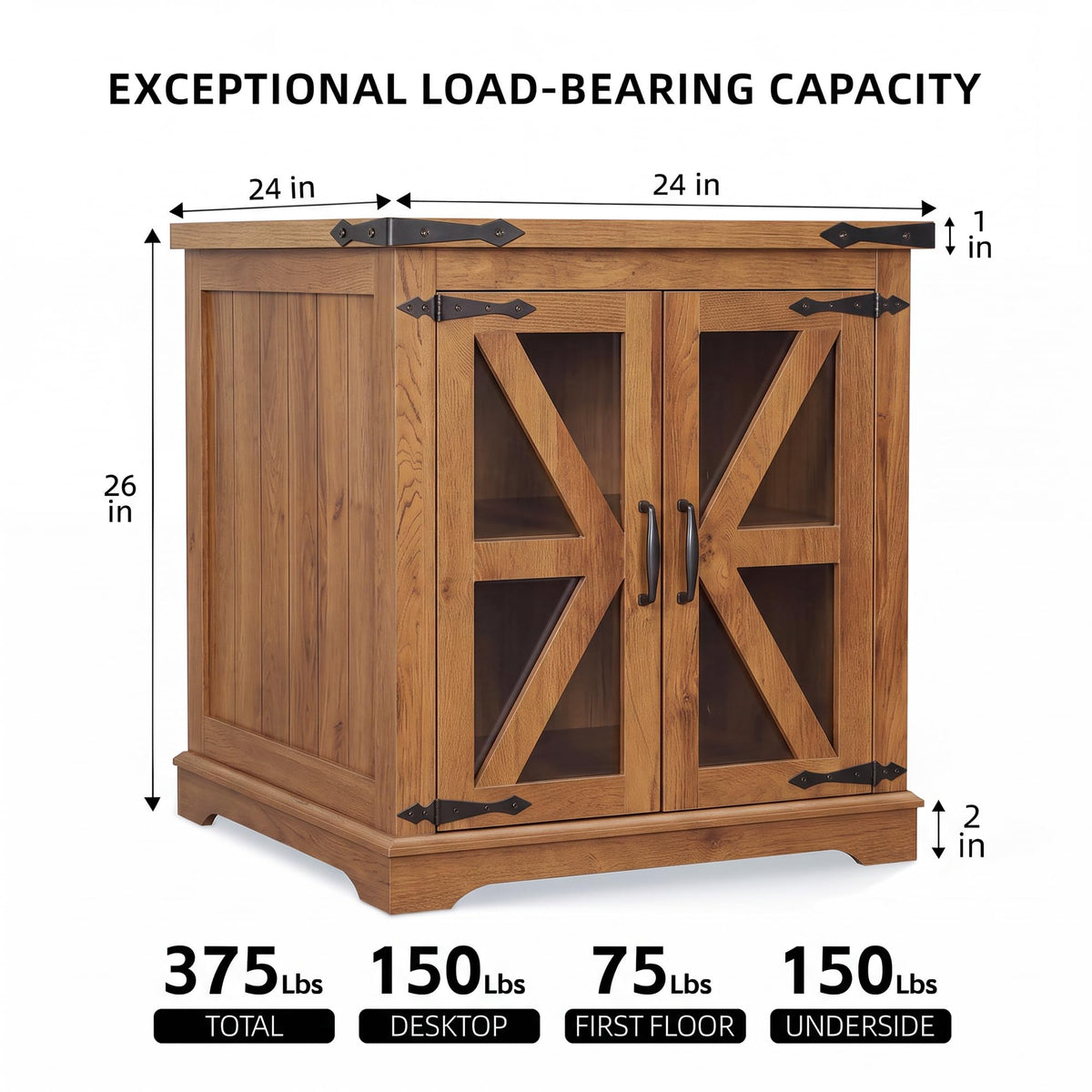 BEROXII Farmhouse End Table, 24" Large End Tables with Storage, Rustic Square Sofa Beside Table with Glass Barn Door, Wood Side Table Square Nightstand for Living Room, Bedroom, Office (Brown)