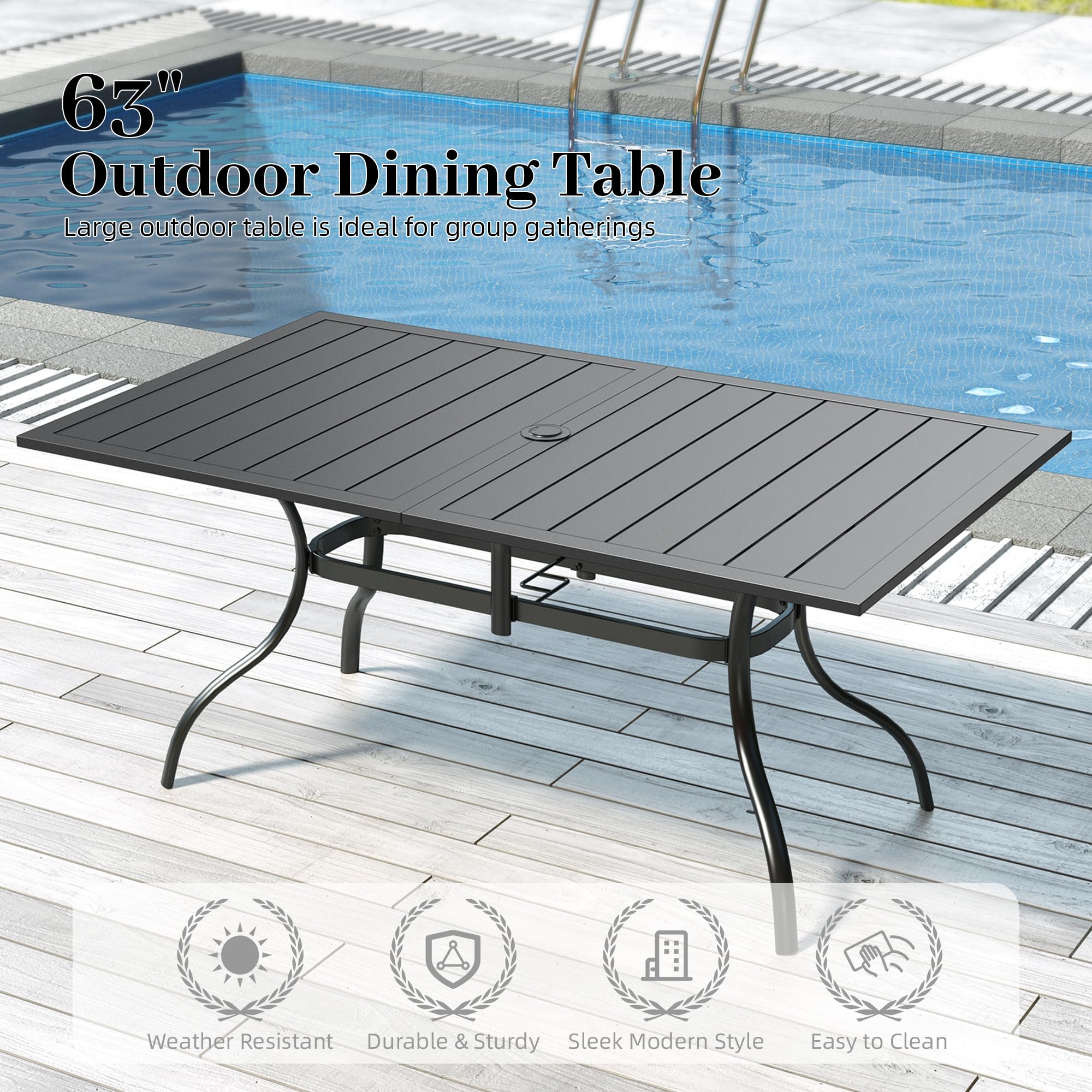 7-Pieces Patio Dining Furniture Set,63" Big Size Metal Patio Table with Umbrella Hole,Stackable 6pcs Outdoor Dining Chairs,Perfect for Garden Backyard Lawn Poolside