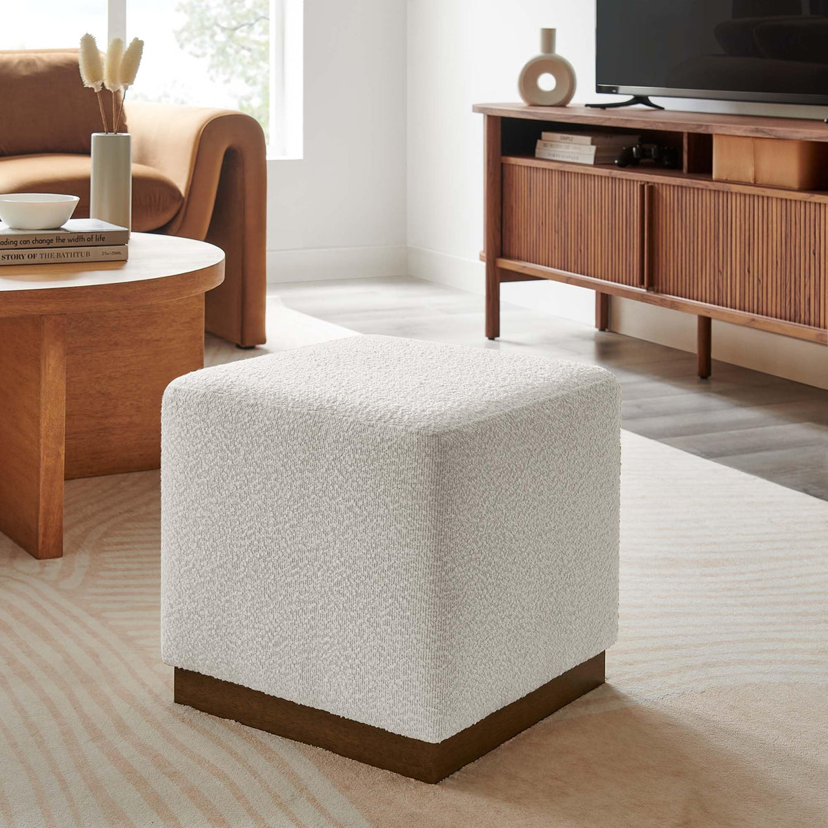 Modway Tilden 17" Square Boucle Upholstered Upholstered Ottoman in Cloud Walnut