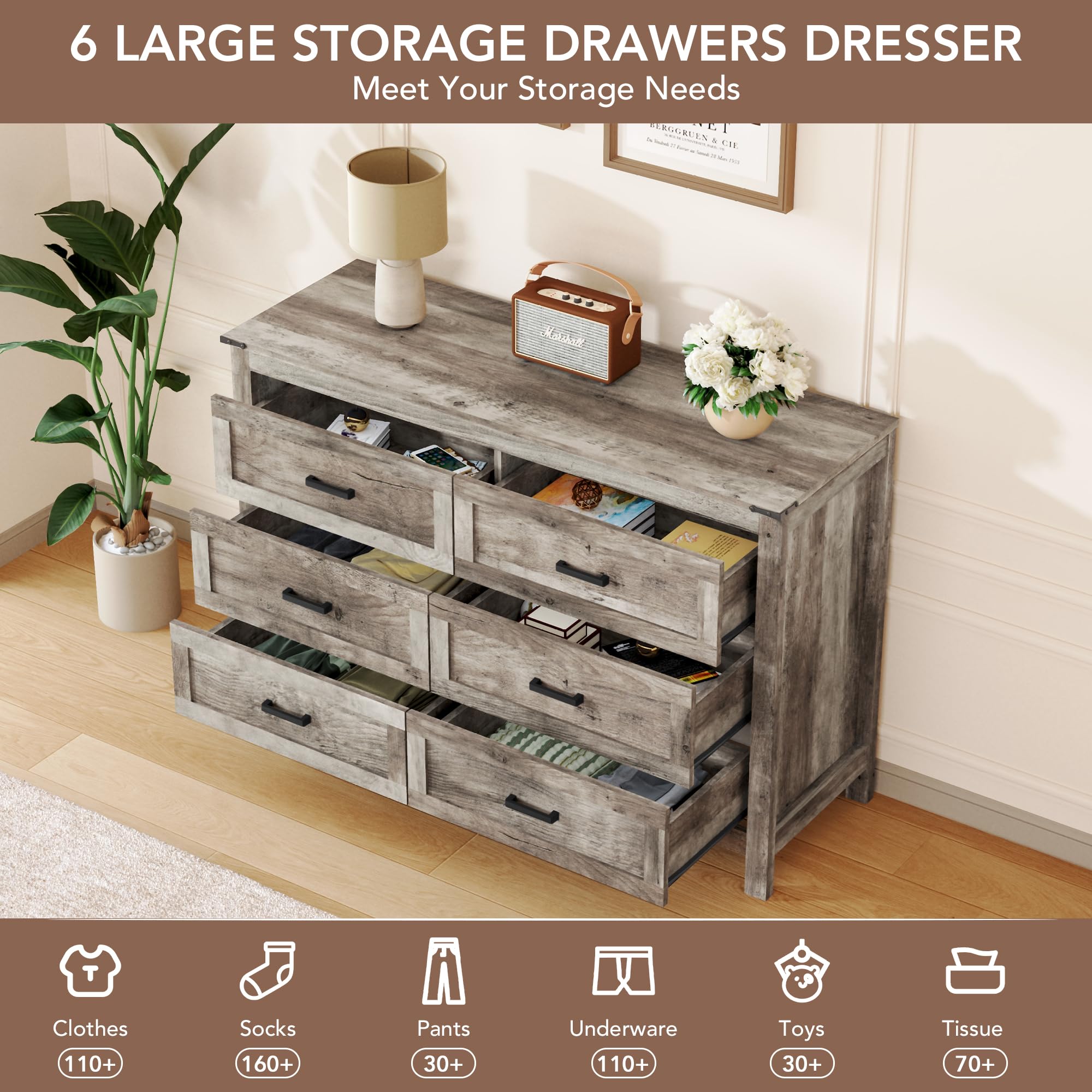 EazeHome 3 Piece Farmhouse Bedroom Furniture Set, 47.2" Wide Dresser with 6 Drawers, 2 Drawer Nightstand Set of 2, Retro Dressers and Nightstand Sets for Bedroom, Hallway, Antique Gray