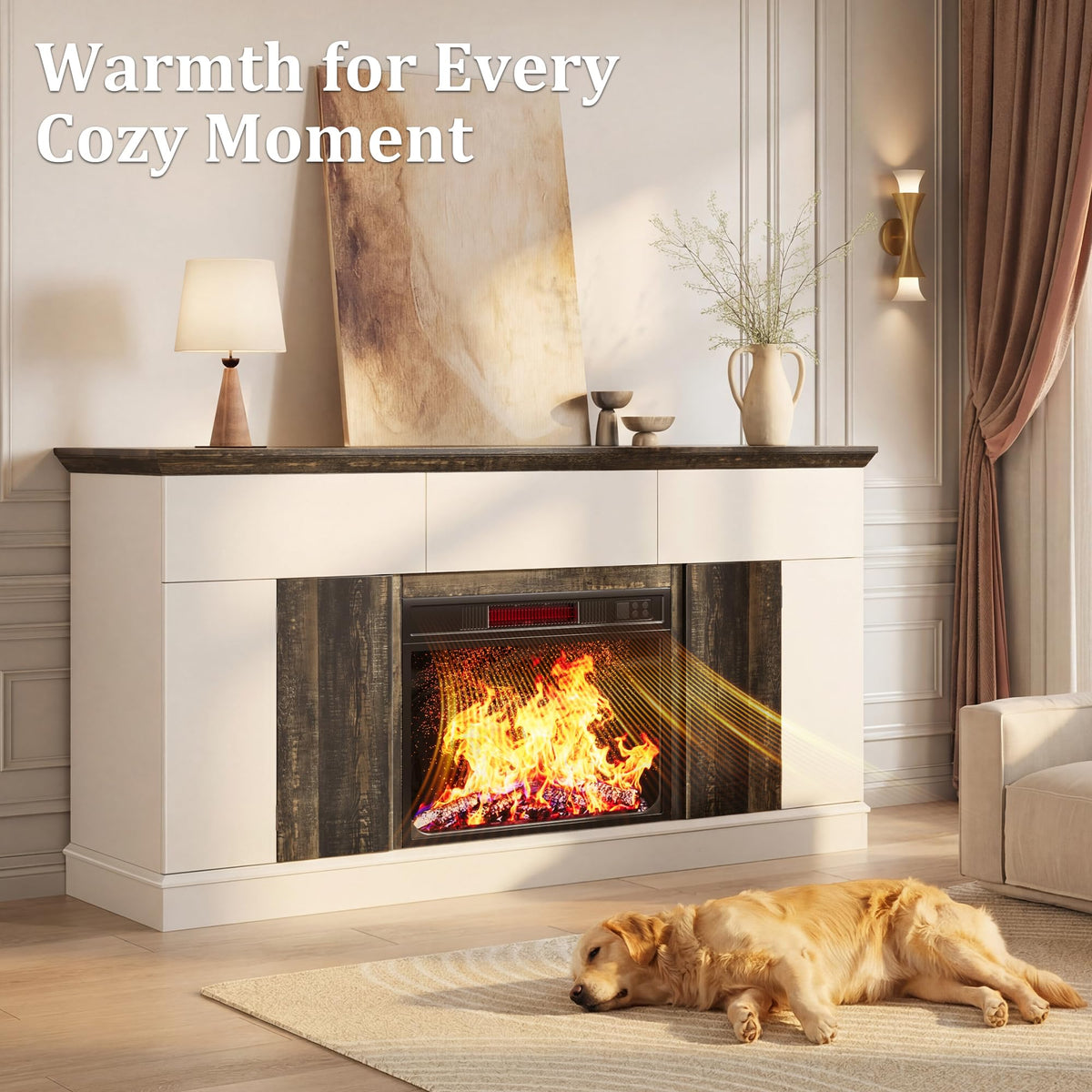 Jocoevol 58" Fireplace TV Stand with 23" Electric Fireplace, Entertainment Center for TVs up to 65", TV Console with 3 Storage Drawers, 2 Side Cabinets & Press-to-Open Doors for Living Room, Bedroom