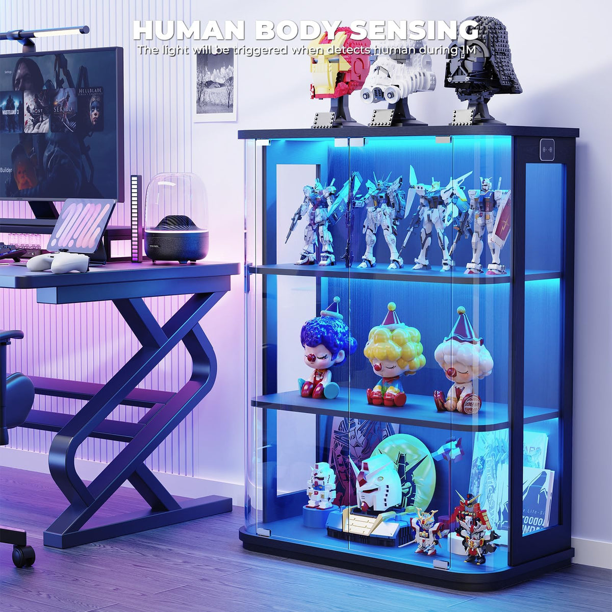 BROTTAR 3-Tier Rounded Display Cabinet with Lights&Human Body Sensor Black