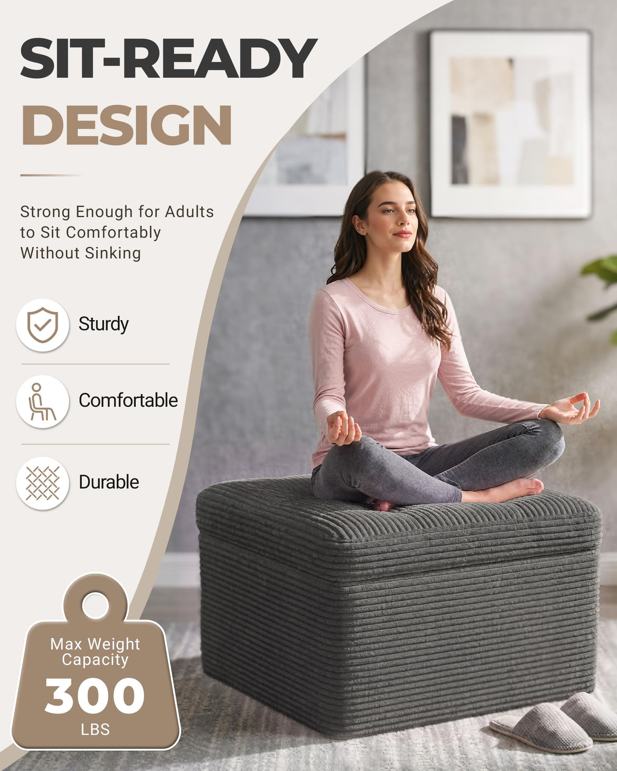 Fabulcozy 23.6in Pouf Ottoman, Corduroy Ottoman Foot Rest with Dual‑Layer Support, Large Plush Pouf with Soft Chunk‑Foam Top & Firm Foam Base, Floor Foot Stool for Living Room, Dark Grey