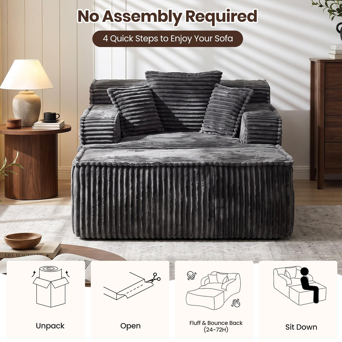 NLDD Corduroy Chaise Lounge Chair with Detachable Ottoman, Convertible Modular Reading Chaise Lounge, High-Density Foam Single Person Relaxation Chair for Living Room,Apartment,Small Spaces