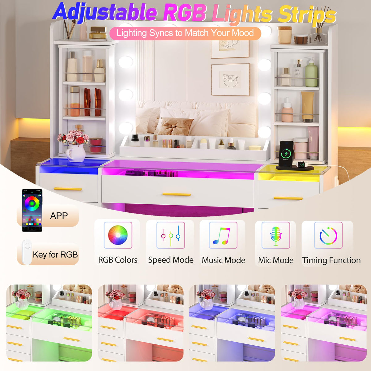YUNSCEND Makeup Vanity Desk with Mirror and Lights, 360° Rotating Organizer