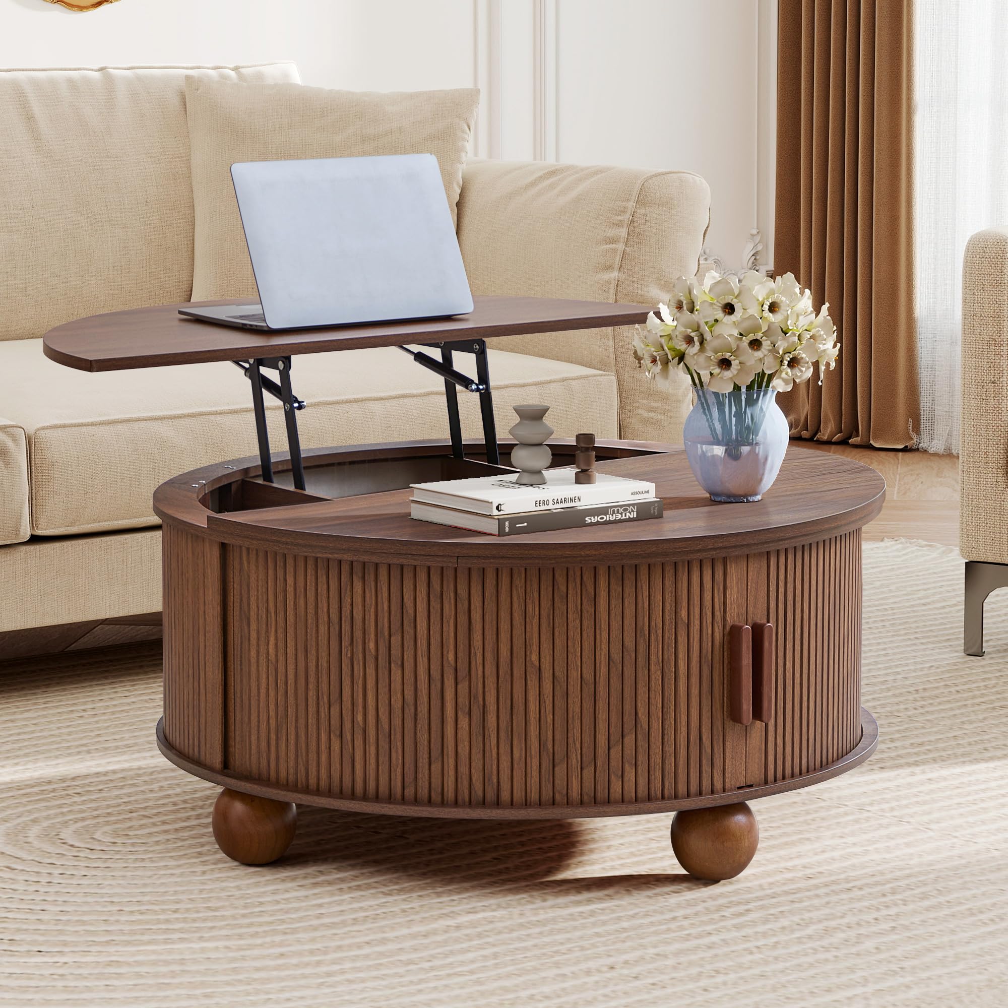 SUJOUCRAFT 33.5" Round Lift-Top Coffee Table with Storage, Mid-Century Wood Fulted Coffee Table with Sliding Door & Ball Legs, Living Room Center Drum Table for Apartment Living Room (Brown)