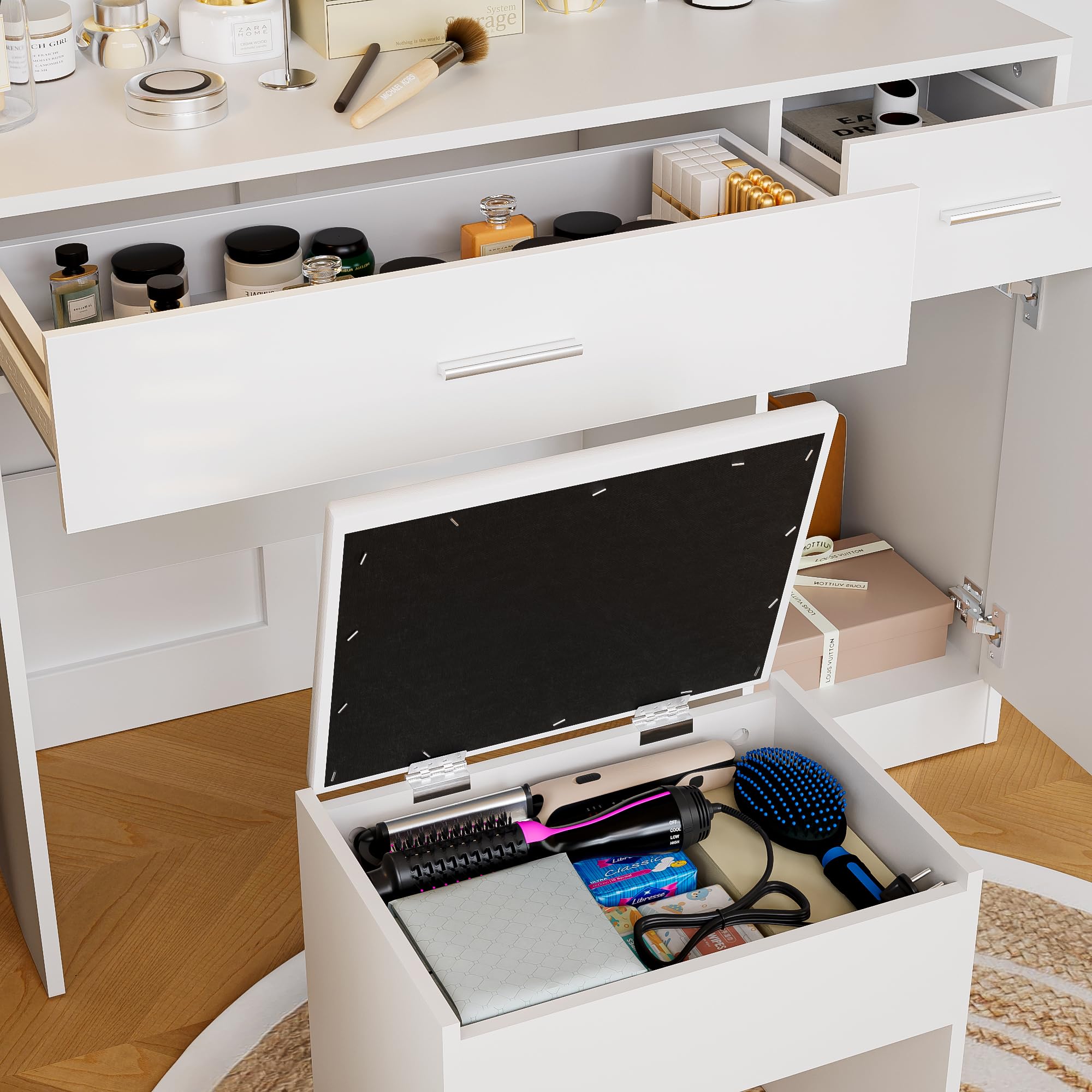 Trumbeak Vanity Desk with Mirror and LED Lights,Vanity Desk with 3 Drawers & 3 Storage Shelves,Vanity Table with Chair,Three Adjustable Lighting Modes,Bedroom Vanity,White