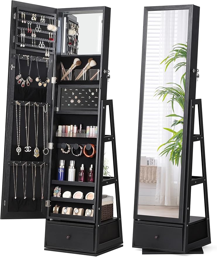 360° Swivel Jewelry Cabinet with Lighted Mirror