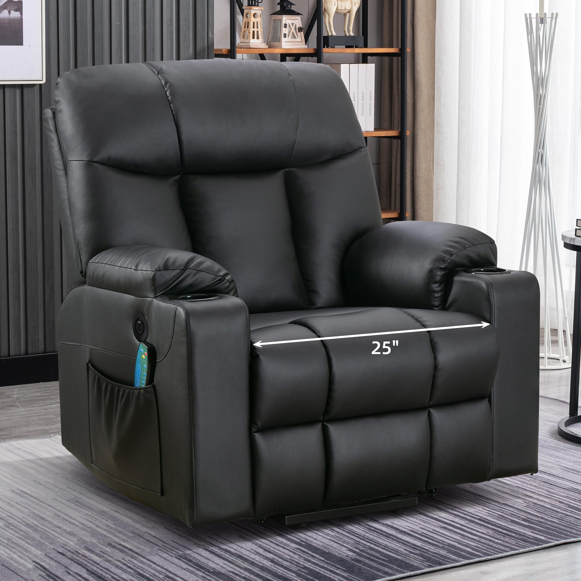 Bonzy Home Extra Wide Lift Chair with Heat and Massage, Faux Leather Power Lift Recliner Massage Chair for Adults Elderly, Upholstered Recliner with 2 Cup Holders, Side Pocket
