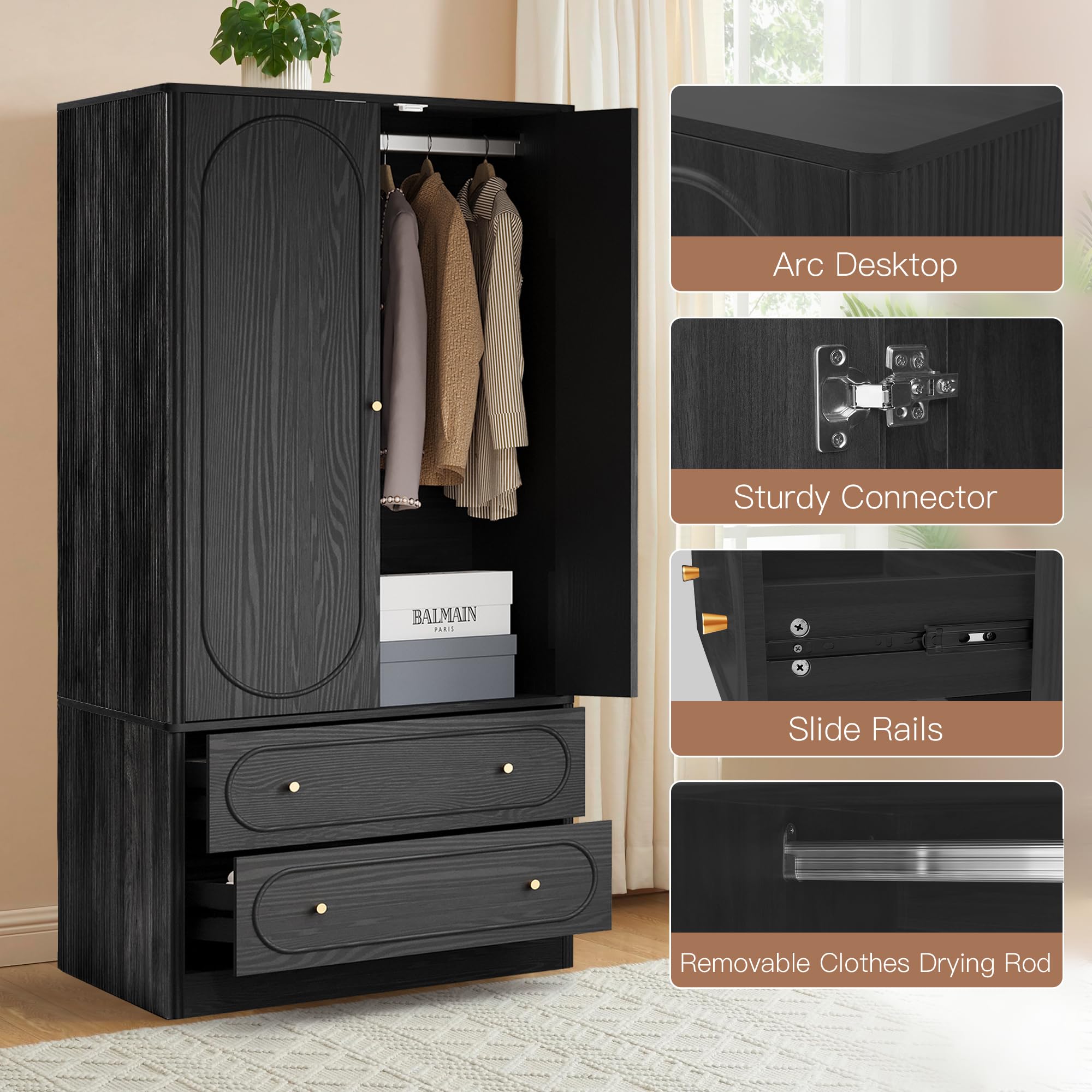 Fluted Freestanding Armoire Wardrobe Closet with 2 Doors and 2 Storage Drawers, Large Capacity Wardrobe Cabinet Set of 2, Wooden Closet for Bedroom, Living Room - Black