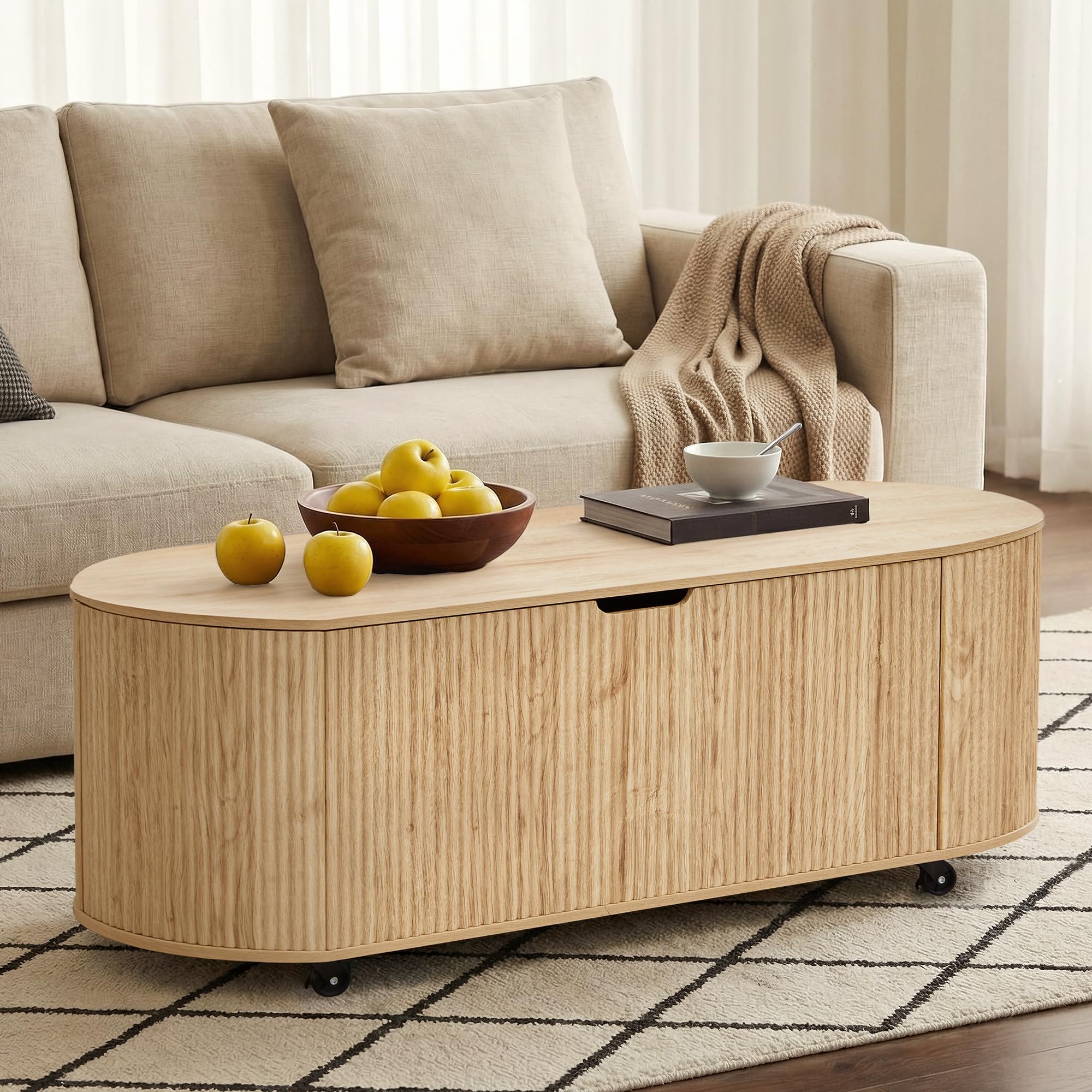 Fluted Oval Storage Bench with Lift Top & Wheels