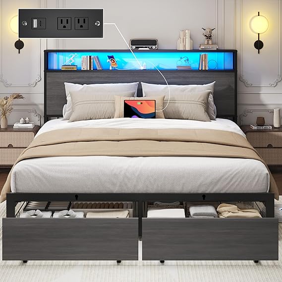 Bed Frame with Storage Headboard, Charging Station & LED