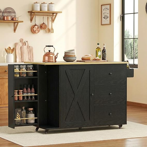 Rolling Kitchen Island with Drop Leaf & Storage