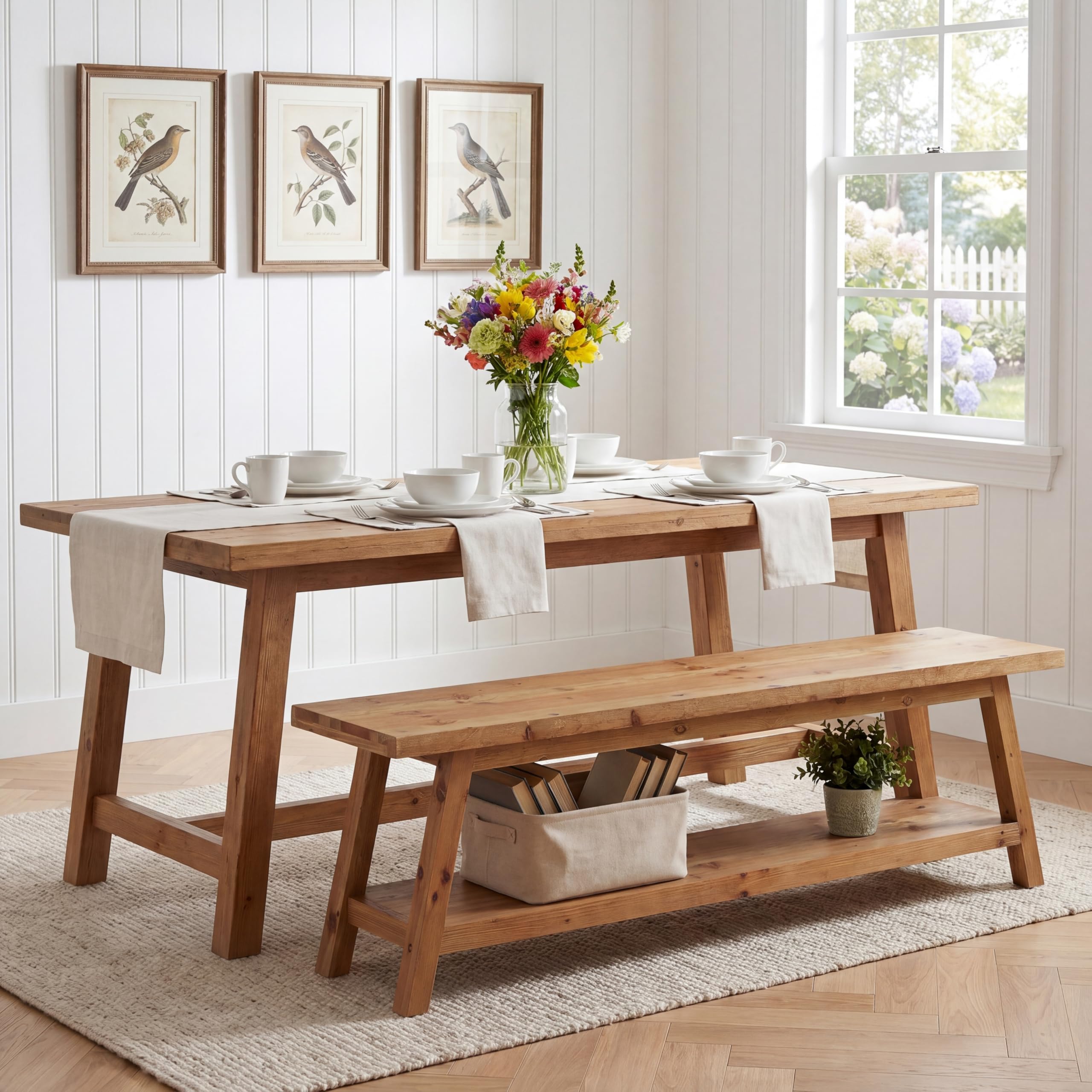 Tribesigns Farmhouse Solid Wood Dining Bench, 63-Inch Rustic Indoor Bench with Lower Storage Shelf for Dining Room, Kitchen, Living Room, Entryway, Natural Wood Finish (1)