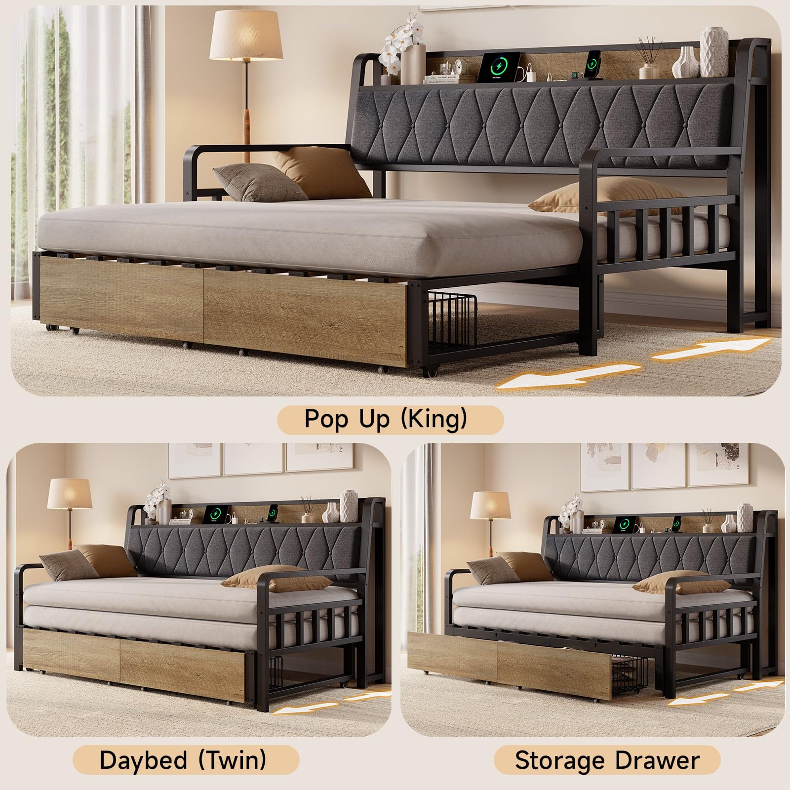 ONBRILL Twin Daybed with Trundle, Twin to King Daybed with Pop up Trundle, Metal Twin Day Bed Frame with Storage Drawers, Upholstered Headboard & Power Outlet for Living Room & Guest Room, Black