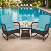 CHABATREE 3 pcs Rocking Bistro Set Conversation Chairs PE Wicker Outdoor Rocking Chairs (Lake Blue)