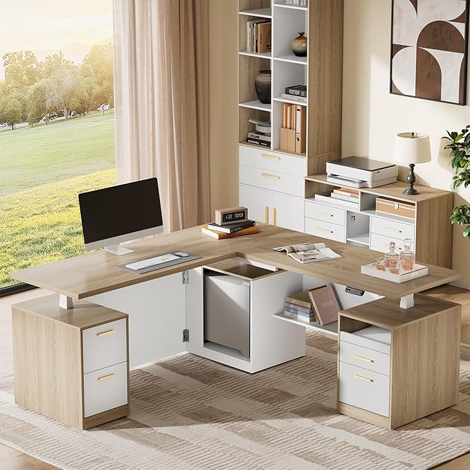 L-Shaped Electric Standing Desk with Drawers & Privacy Panel
