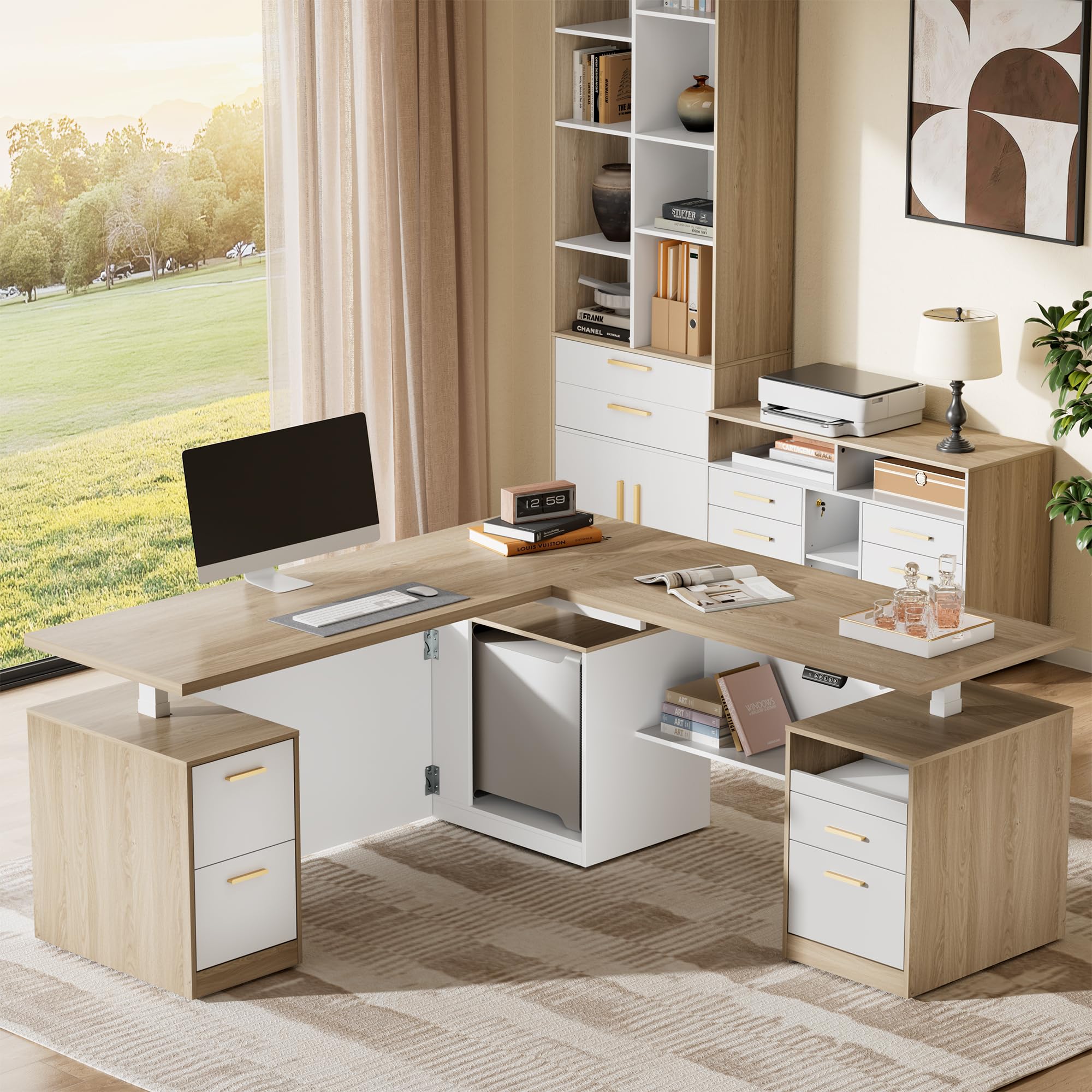 L-Shaped Electric Standing Desk with Drawers & Privacy Panel