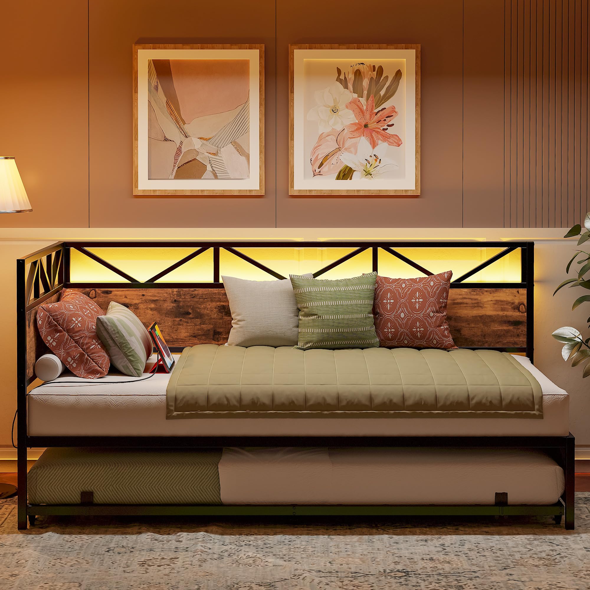 LIKIMIO Twin Daybed with Trundle, Metal Twin Size Bed Frame with LED Lights & Charging Station, Sofa Day Bed with Strong Supports for Living Room, Bedroom and Guest Room, Industrial Brown
