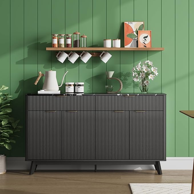 60" Rattan Buffet Sideboard Cabinet with Drawers & Wave Doors