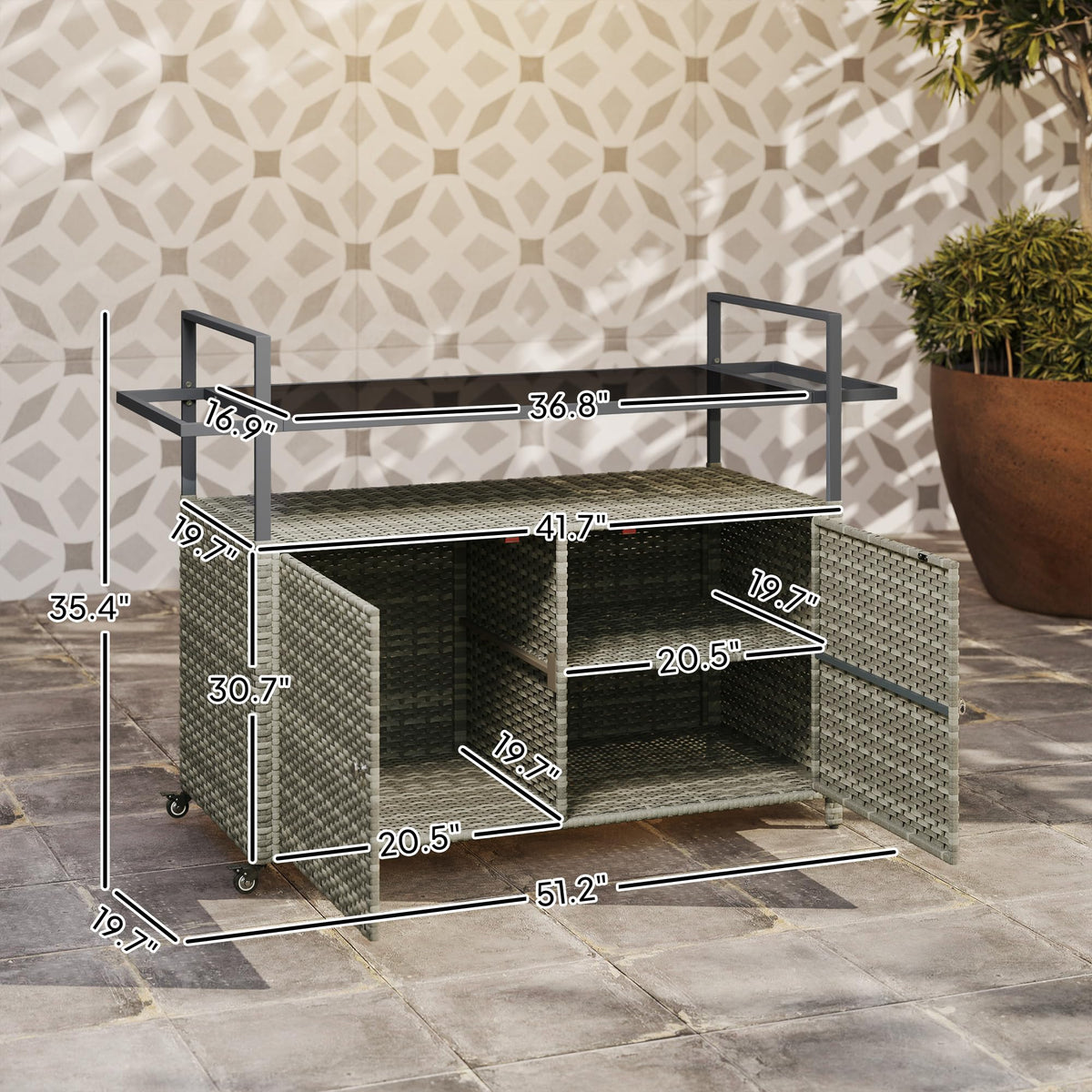Outsunny PE Rattan Outdoor Storage Cabinet Bar Cart, Wheels, Mixed Gray