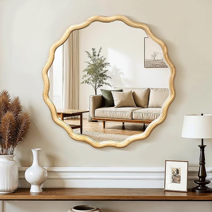 Round Wavy Wood-Framed Wall Mirror