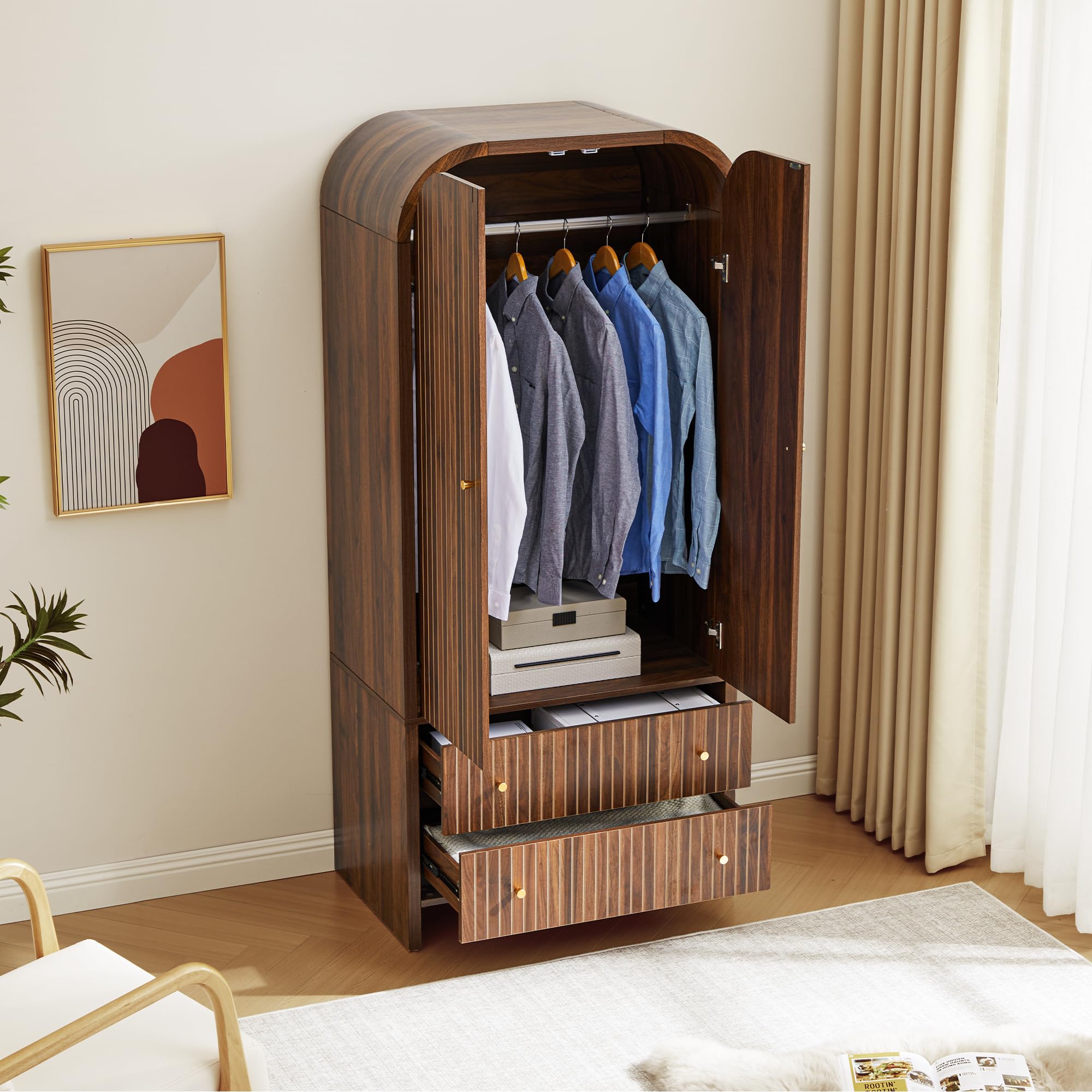 Arched Armoire Wardrobe Closet with Hanging Rod & 2 Drawers