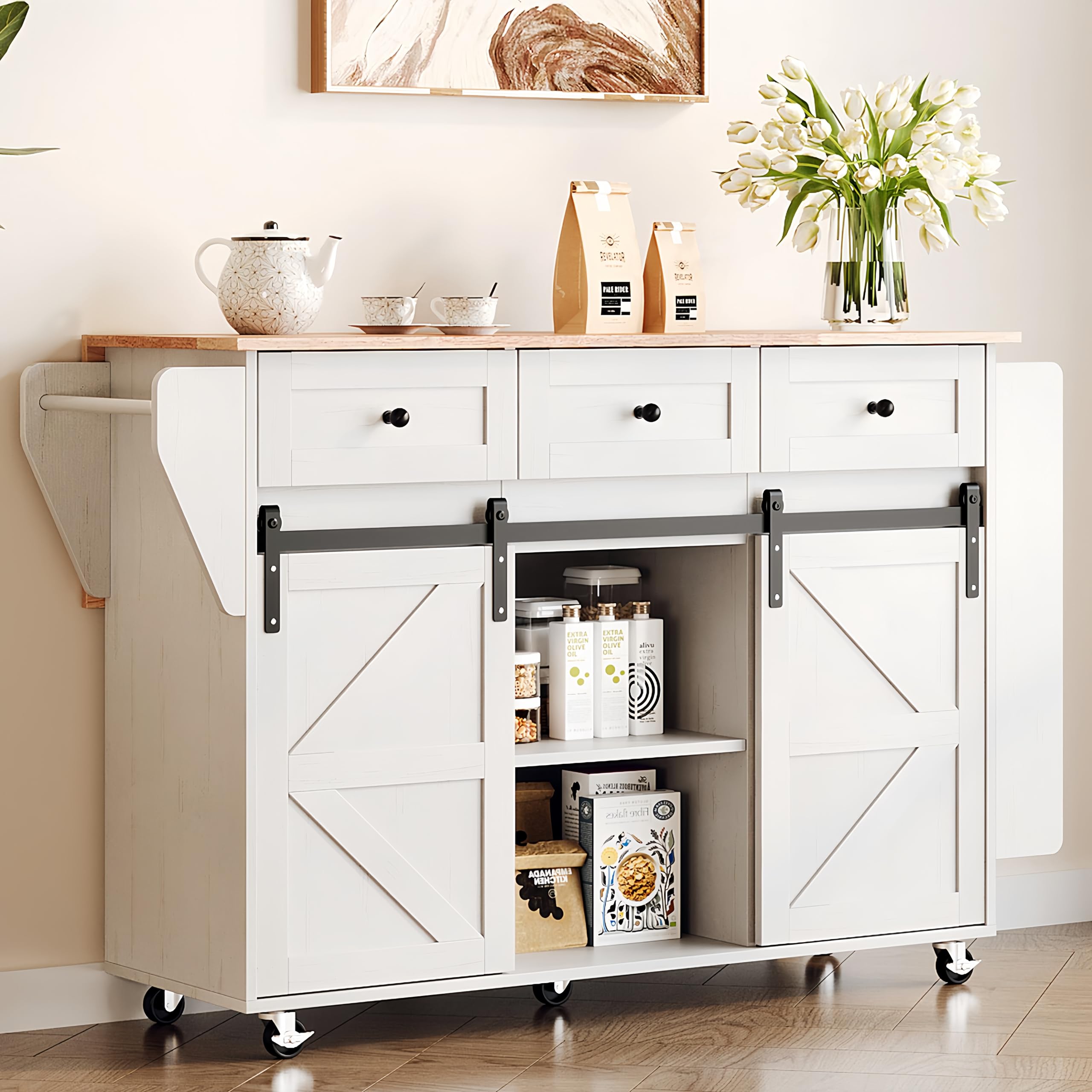 VINGLI Kitchen Island with Storage, 52" Rolling Kitchen Cart with 3 Drawers & Shelves, Drop Leaf Design, Mobile Island with Barn Sliding Doors, Towel & Spice Rack for Kitchen & Dining, White