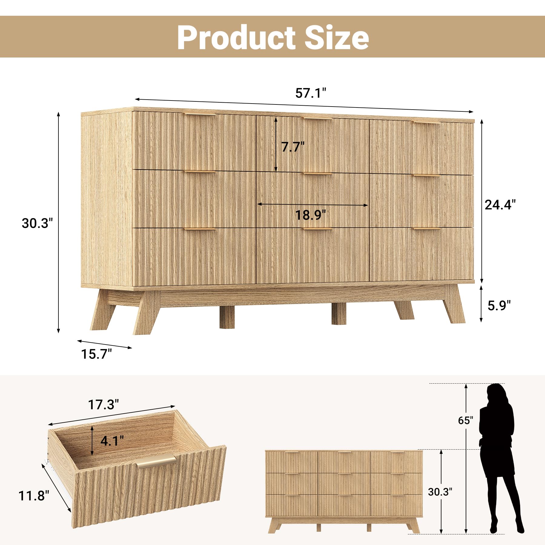 Nebuaegis Fluted 9 Drawer Dresser for Bedroom,57" Wide Modern Chest of Drawers with Metal Handles,Heavy Duty Wood TV Stand,Wood Closet Clothes Storage Organizer for Living Room,Hallway,Entryway