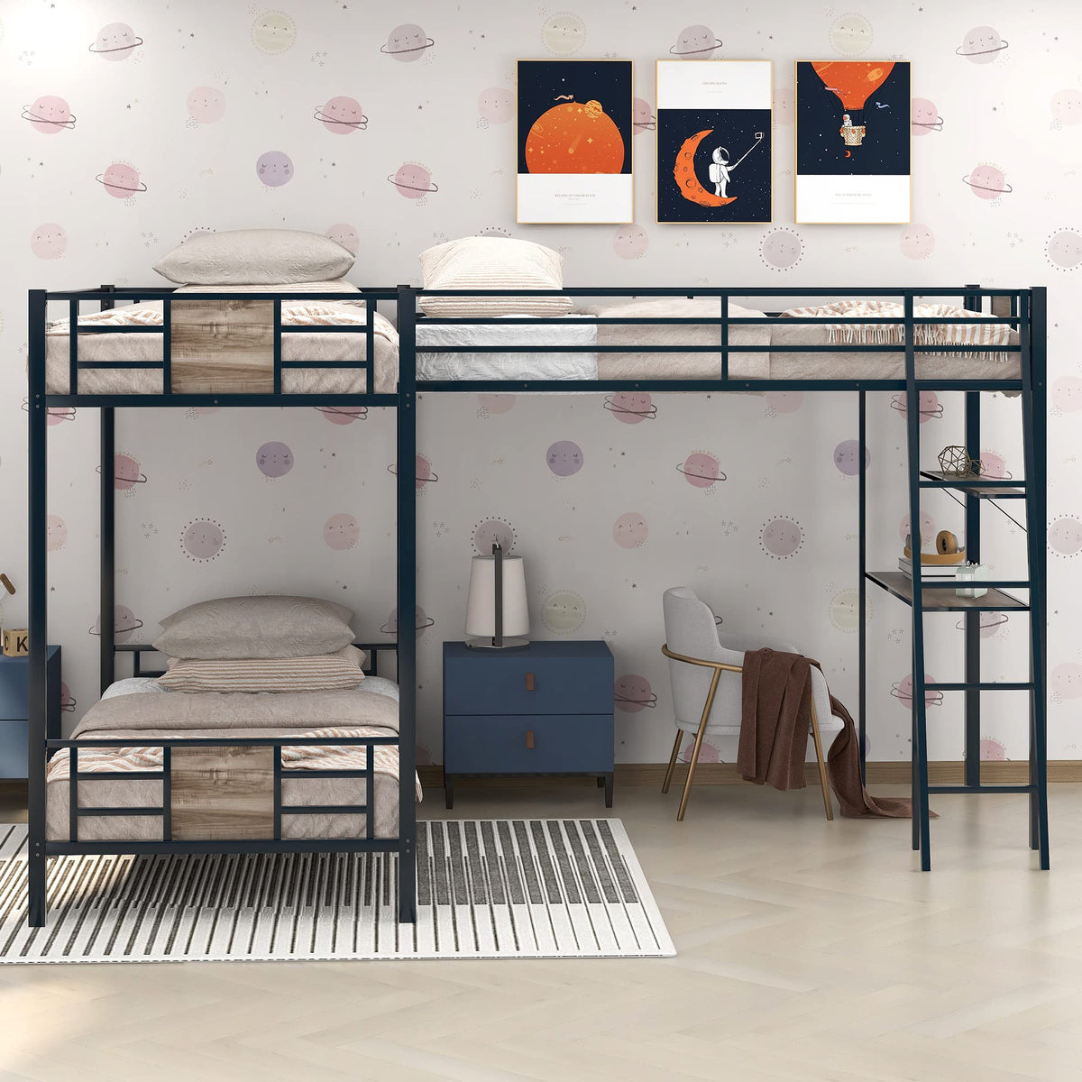 L-Shaped Twin Over Twin Bunk Bed with Twin Size Loft Bed with Desk and Shelf,Brown