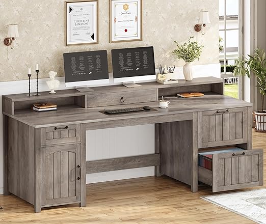 63" Farmhouse Executive Desk with File Drawers & Monitor Stand