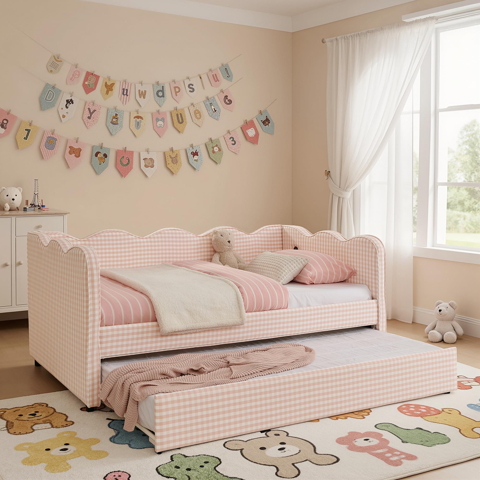 KEIKI Twin Size Upholstery Daybed with Trundle and USB, Twin to King Design Adorable Wave Shaped Extendable Linen Sofa Bed, Easy Assembly, No Box Spring Required, for Living Room and Bedroom, Pink