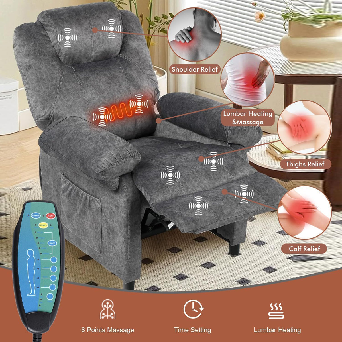 PushBack Massage Recliner Chair with Heat Small Reclining Single Sofa Grey
