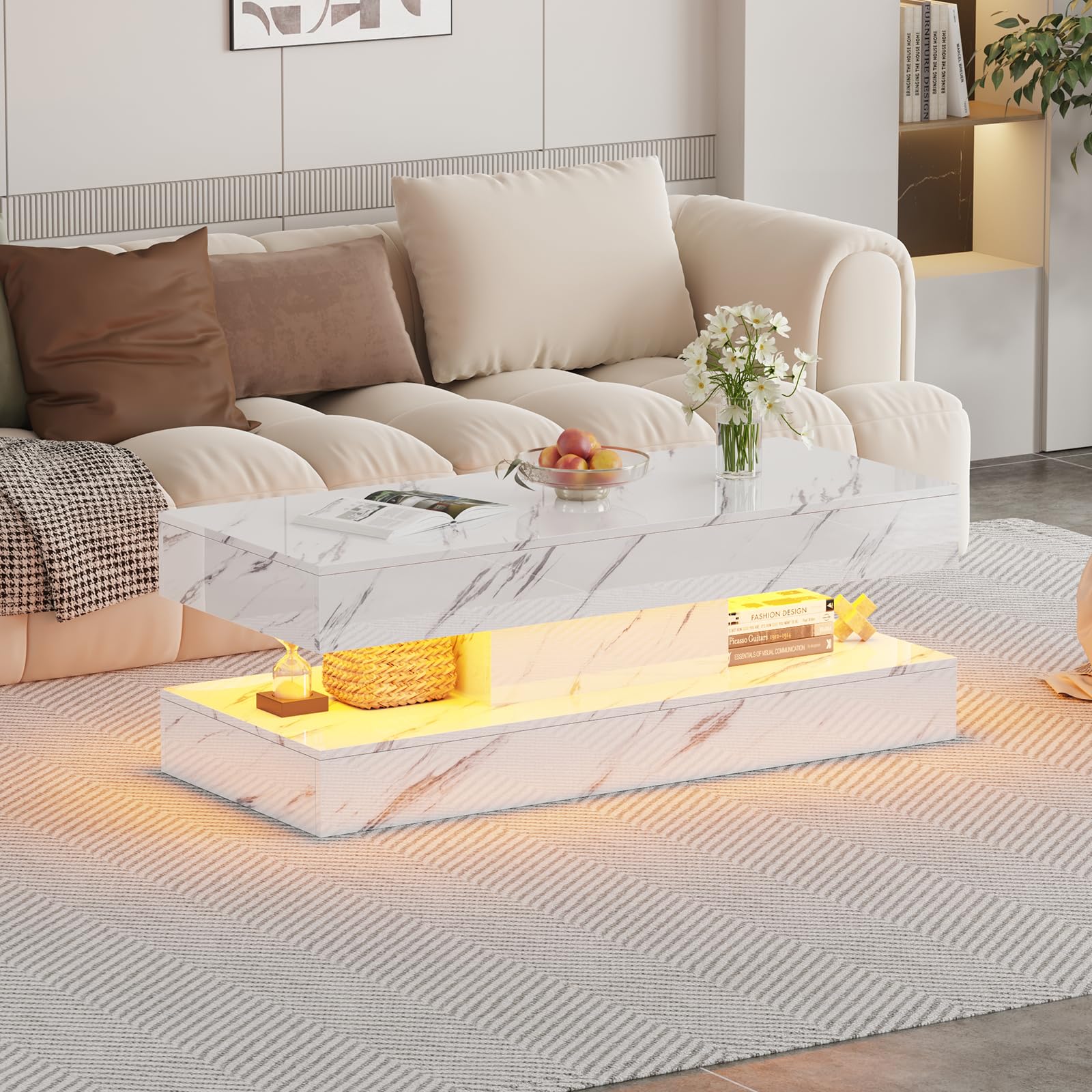 LSHUIZHU 47.2 Inch Coffee Table with LED Lights, Modern High-Gloss Open Shelf Design, 2-Tier Floating Center Table with Illumination, Large LED Coffee Table for Living Room(White)
