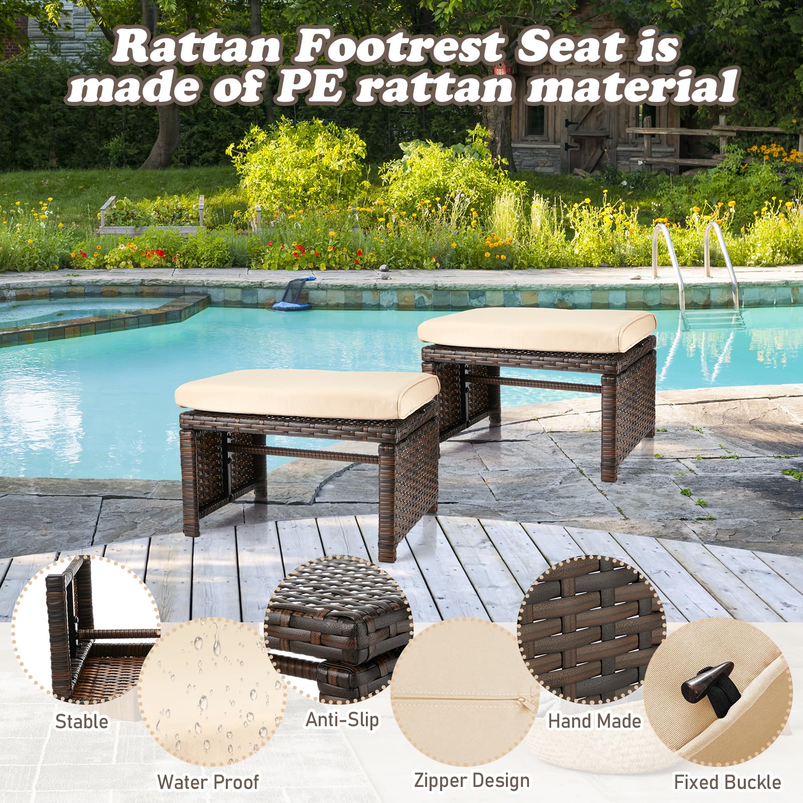 Outdoor Rattan Ottoman Set of 2 with Removable Cushions