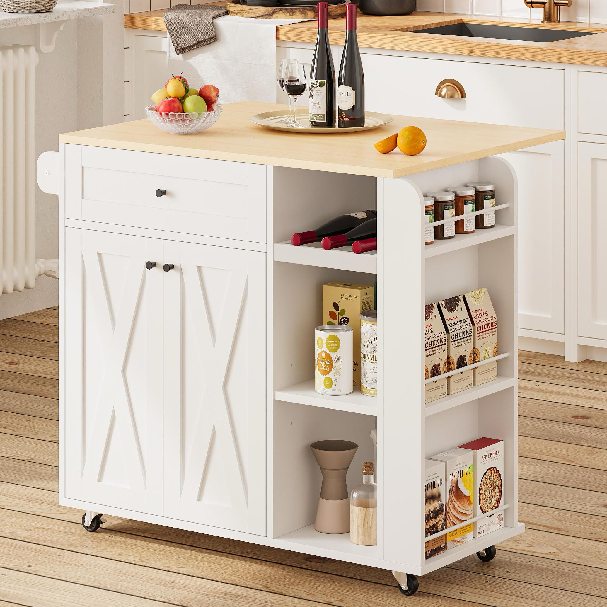 Rolling Kitchen Island with Drop Leaf & Wine Rack