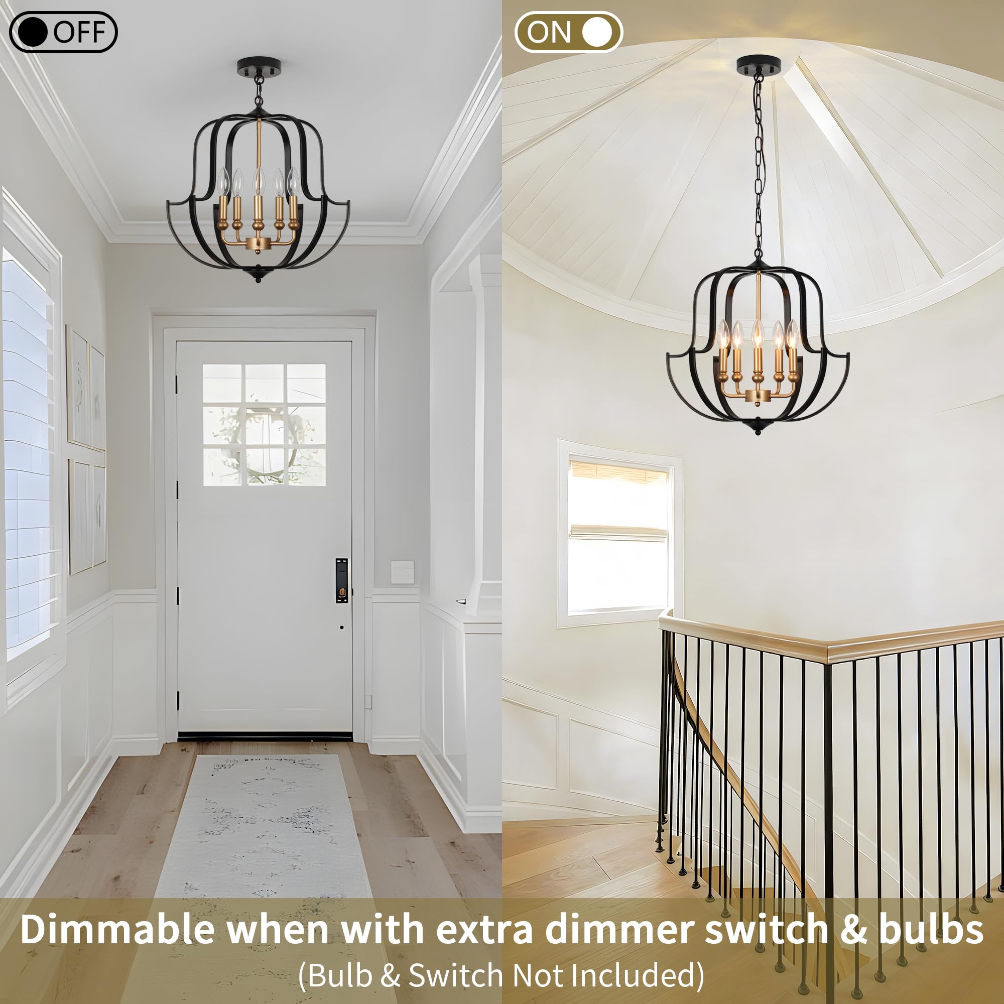 QMNHAU 19" Black and Gold Chandelier for Dining Room, 5-Light Rustic Farmhouse Chandeliers Modern Industrial Hanging Pendant Light for Kitchen Entryway Hallway Foyer Living Room