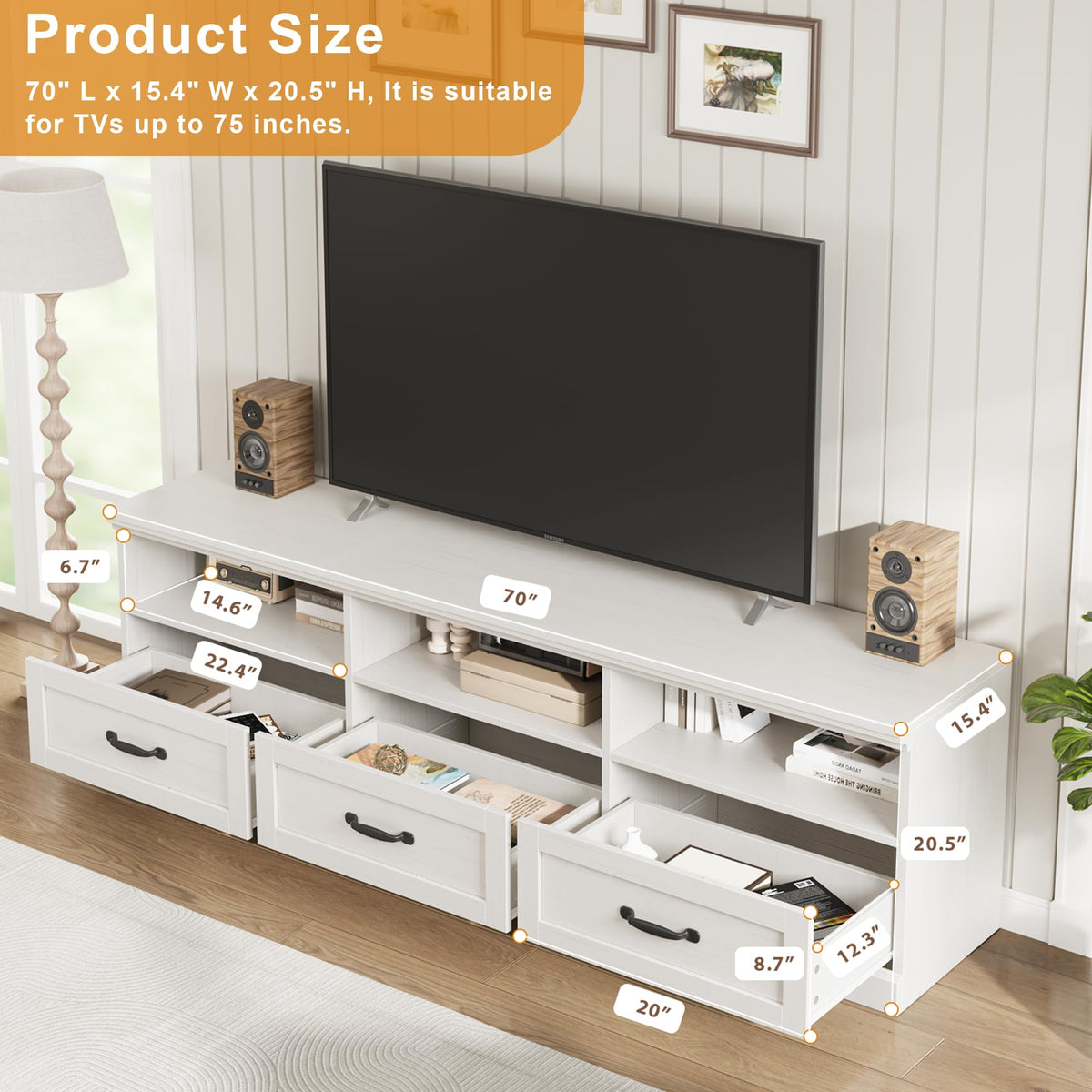 Garvee 70 Inch Mid-Century Modern TV Stand for 65/70/75 in TV, Entertainment Center with 3 Storage Drawers & Open Shelves, Media Cabinet for Living Room Bedroom, Antique White