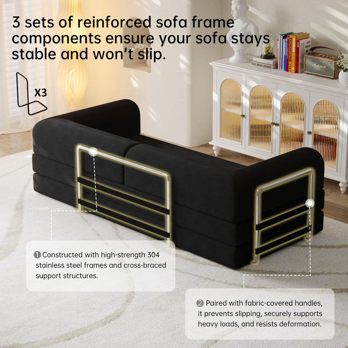 79” Convertible Sofa Bed, 35D High-Density Foam&Corduroy Fabric Sleeper Couch Bed, Fixed-Shape Frame & Removable Armrests,Modular Folding Small Loveseat Futo, Sectional Couch for Small Spaces (Black)