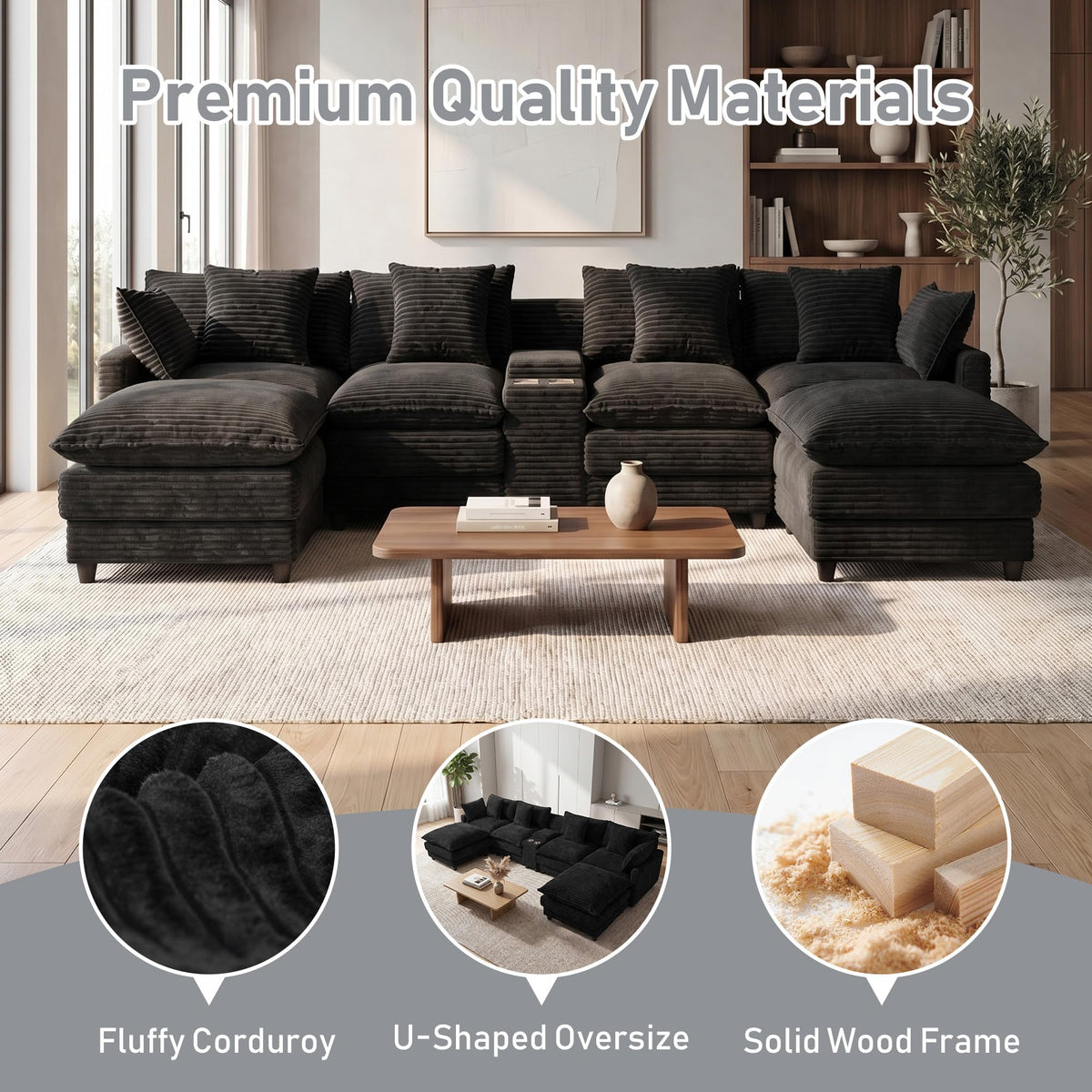 ONEMMLION 143" Oversized U-Shaped Cloud Sectional Sofa, Black