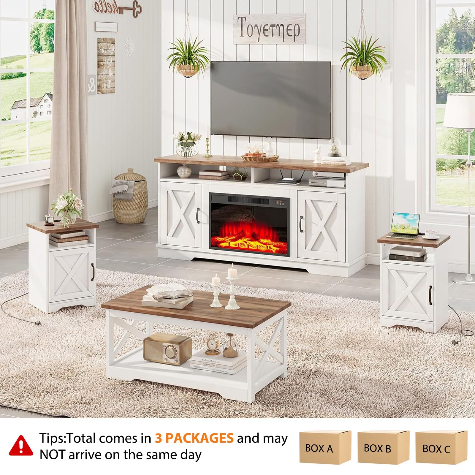 AMERLIFE 5-Piece Farmhouse Table Set Include 63" TV Stand with 26" Fireplace, 40" Coffee Table, 2 End Tables with Charging Station & USB Ports, Living Room Table Sets with Barn Door, Rustic Oak&White