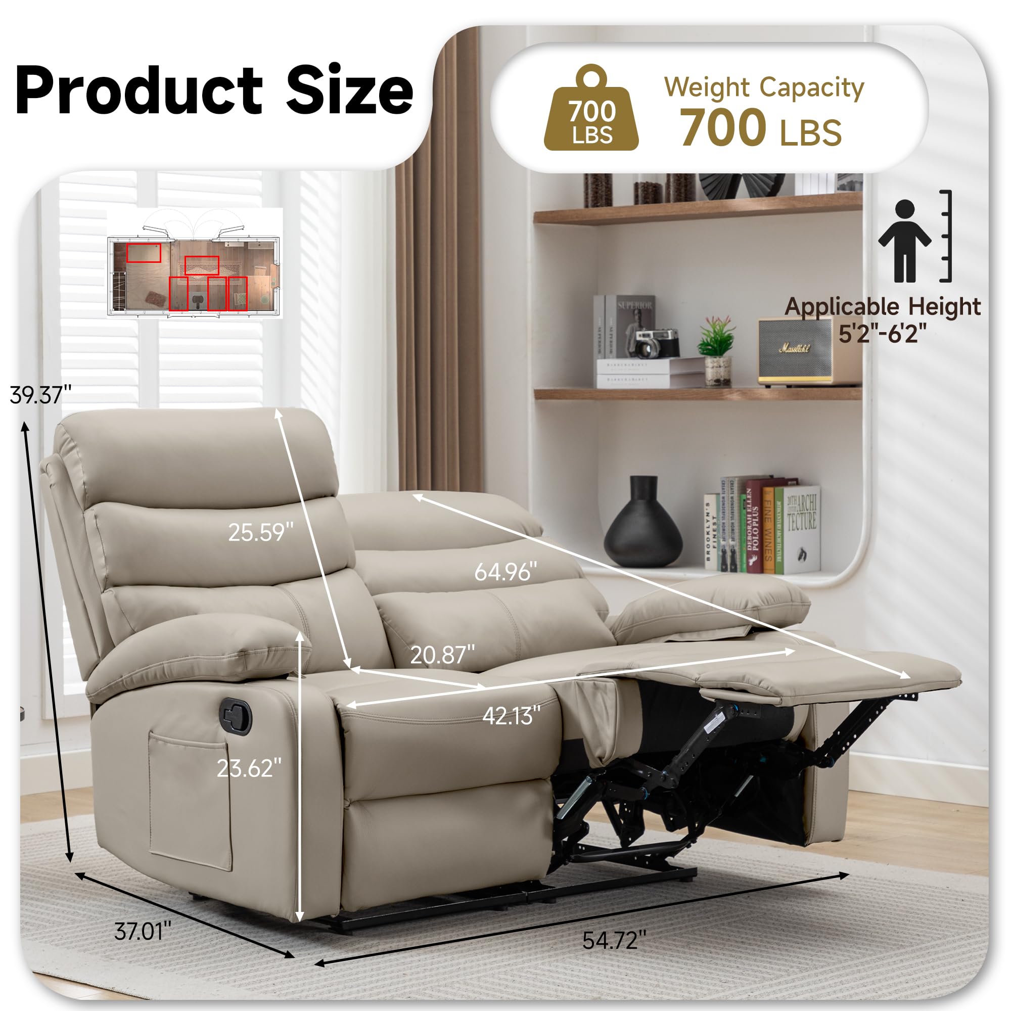 GNMLP2020 Reclining Loveseat Sofa, Anti-Scratch Leather Manual Loveseat Recliner with Side Pocket, Wall Hugger Loveseat Recliner for Living Room, RV, Home Theater(Beige)
