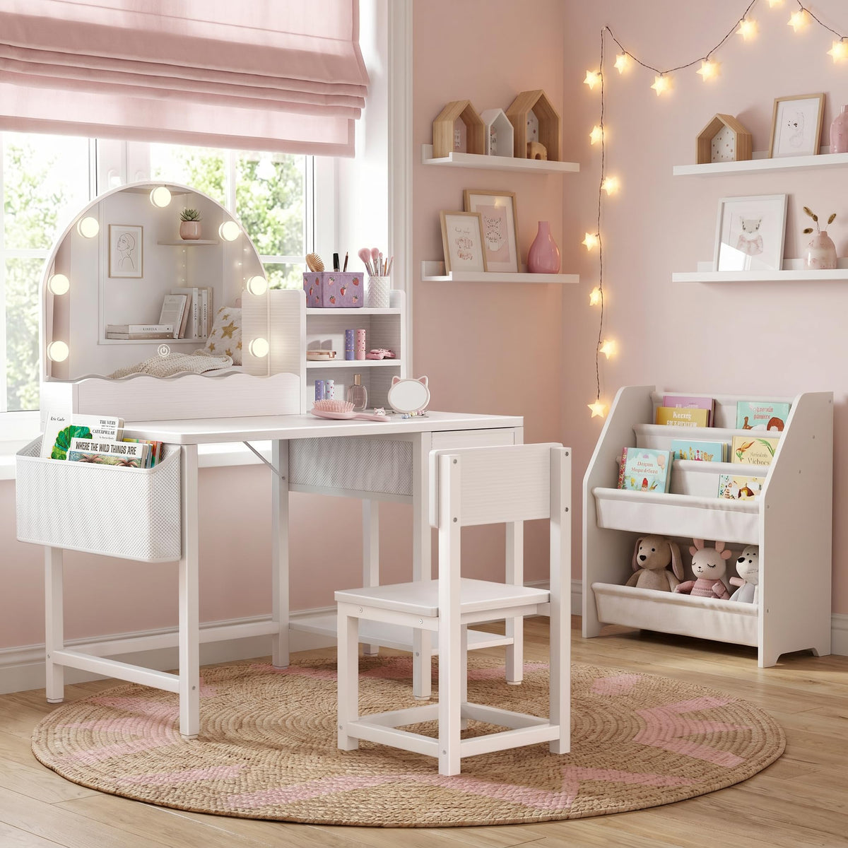 BOLUO Kids Vanity for Girls, Kids Vanity Table and Chair Set with Light and Mirror, 2 in 1 Kid Vanity Set, Princess Makeup Vanity Desk with Drawers White