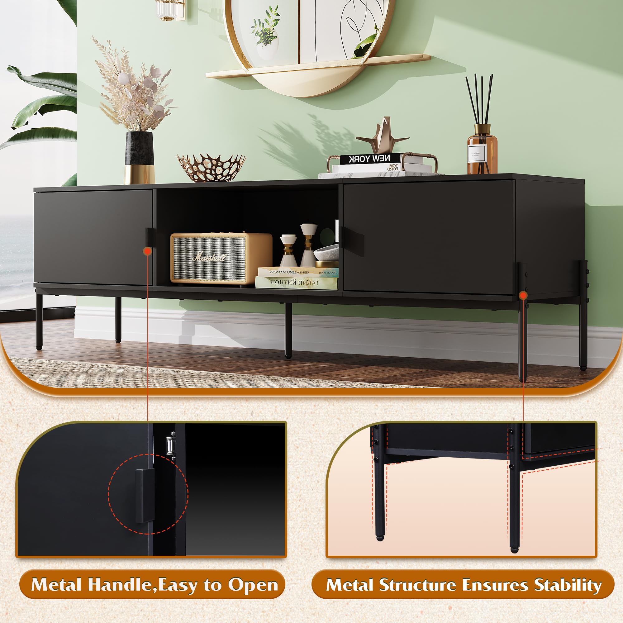 WLIVE 58" TV Stand for 65 Inch TVs, Mid Century Modern Entertainment Center with 2 Storage Cabinets & Open Shelf, Media Console Table with Metal Legs for Living Room, Bedroom, Black